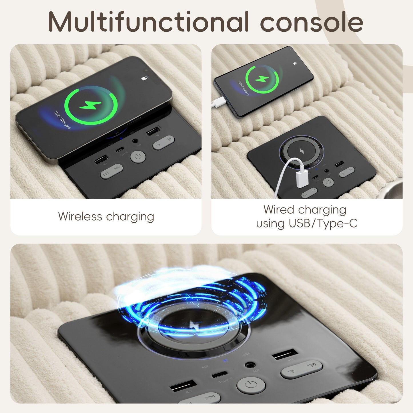 Canapé d'angle modulaire en velours côtelé avec haut-parleurs Bluetooth, ports de charge, porte-gobelets, rangement et pouf pour le salon