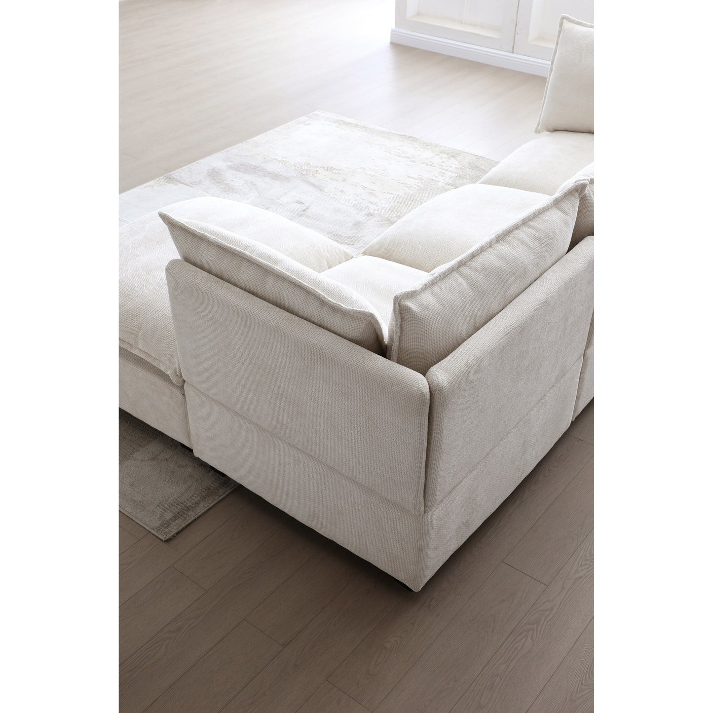 Canapé modulable en L en lin avec pouf réversible, coussins en duvet de canard moelleux, idéal pour le salon ou le bureau