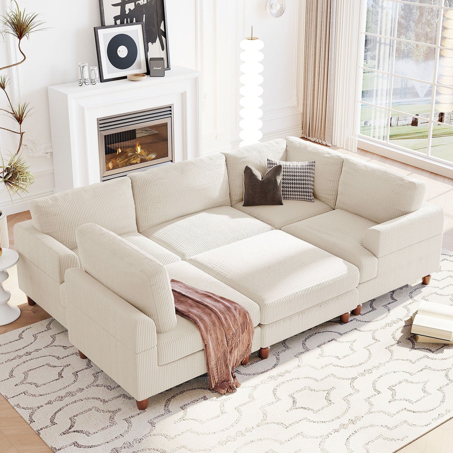Canapé modulable en velours côtelé 6 places en forme de L avec pouf et pieds en bois pour salon ou bureau