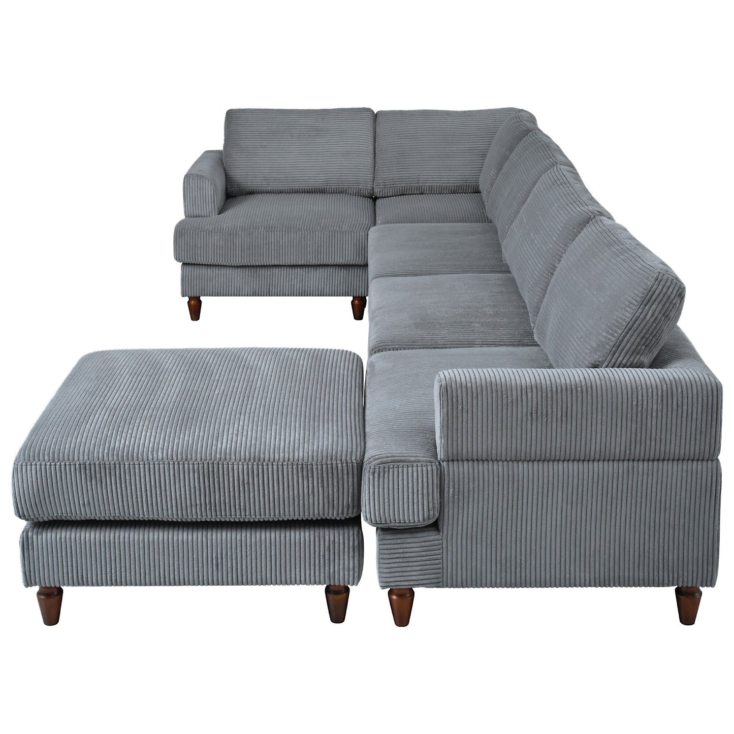 Canapé modulable en velours côtelé 6 places en forme de L avec pouf et pieds en bois pour salon ou bureau