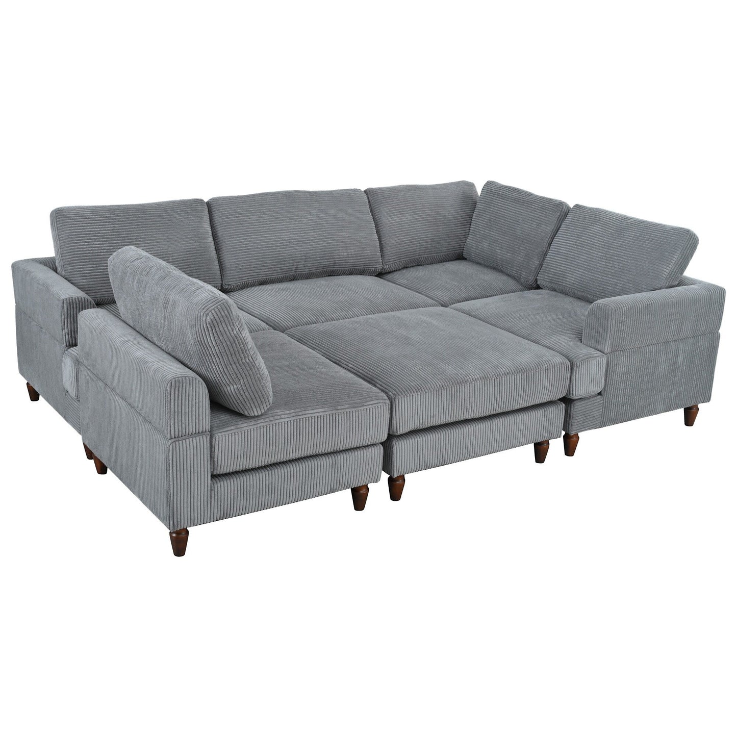 Canapé modulable en velours côtelé 6 places en forme de L avec pouf et pieds en bois pour salon ou bureau