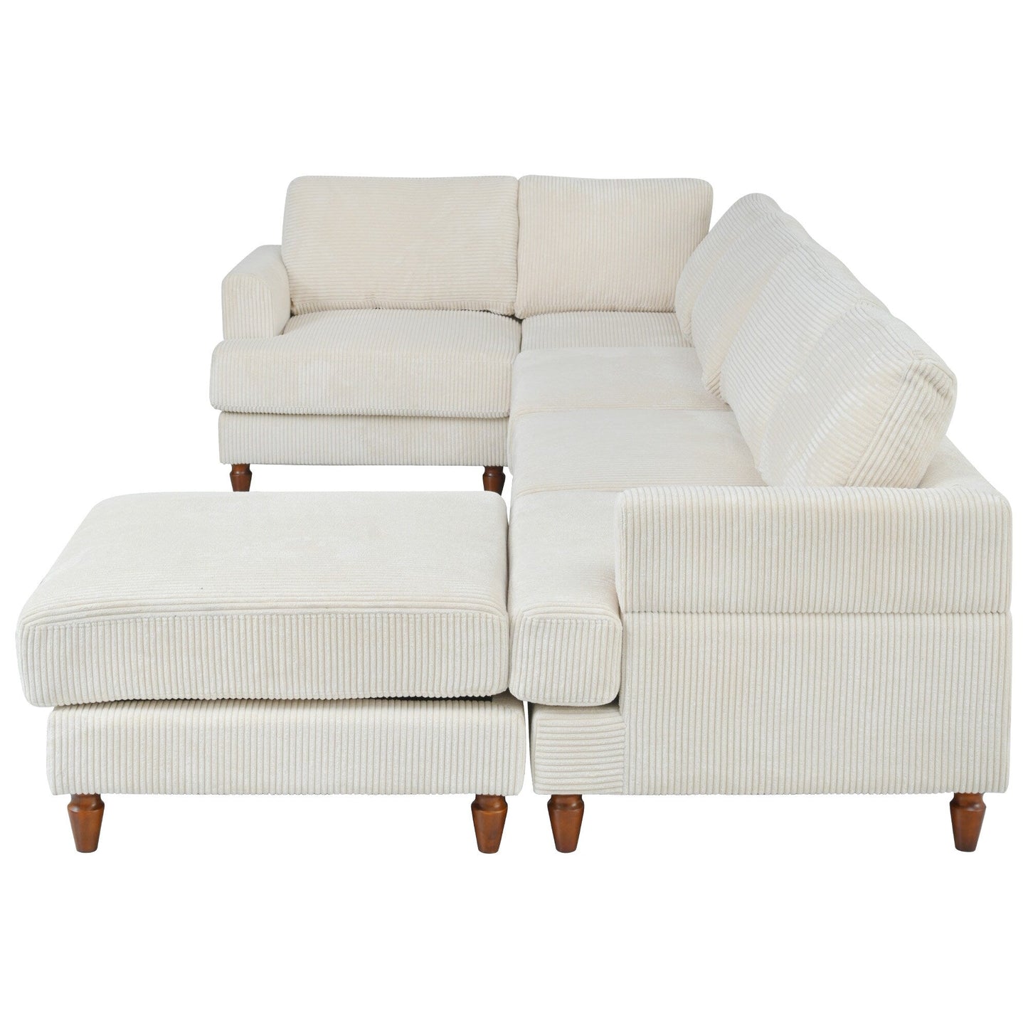 Canapé modulable en velours côtelé 6 places en forme de L avec pouf et pieds en bois pour salon ou bureau