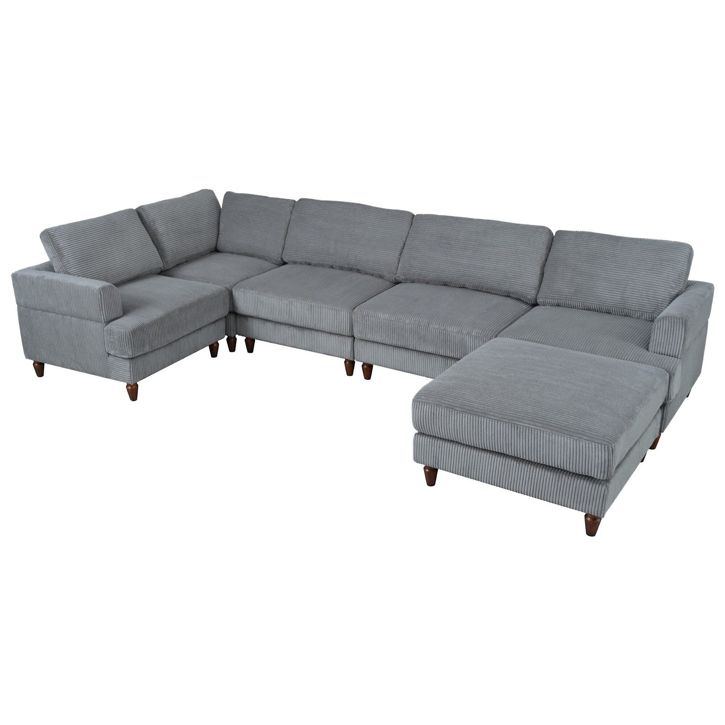 Canapé modulable en velours côtelé 6 places en forme de L avec pouf et pieds en bois pour salon ou bureau