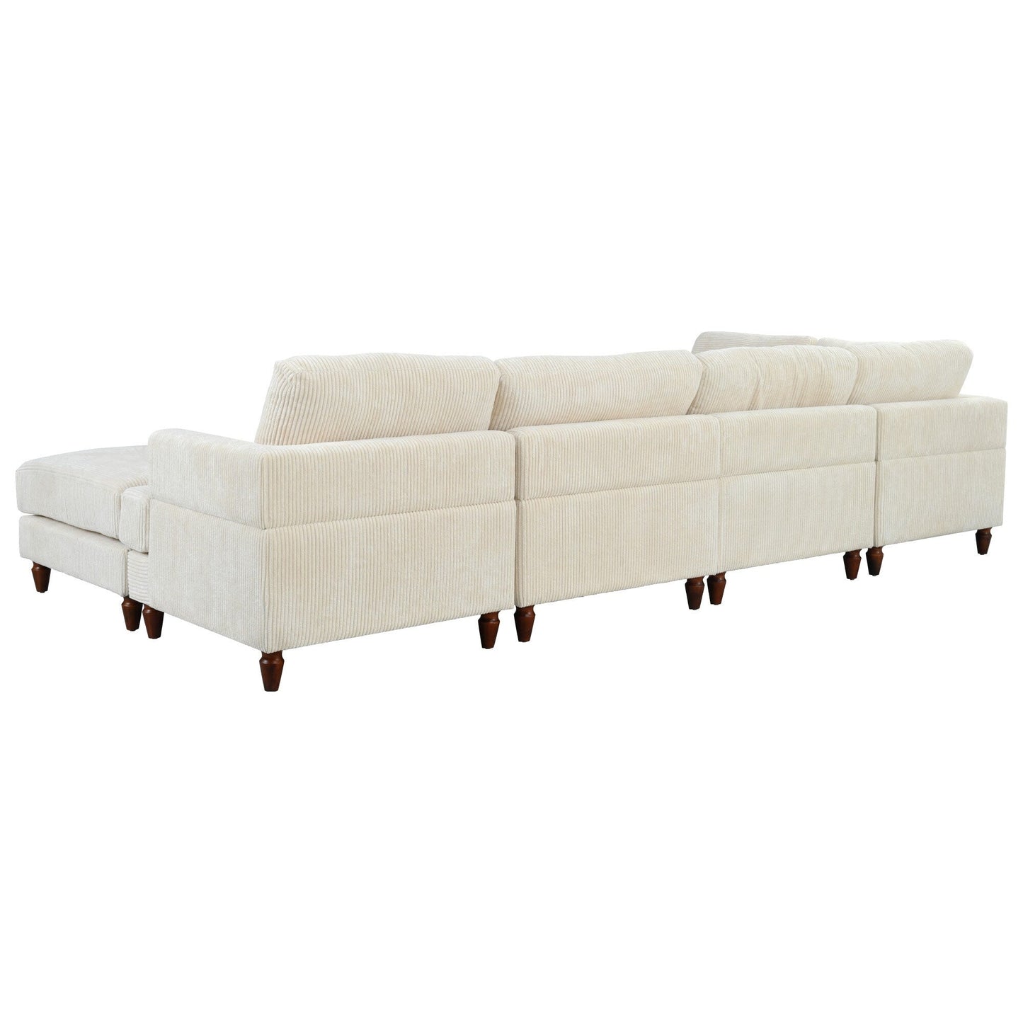 Canapé modulable en velours côtelé 6 places en forme de L avec pouf et pieds en bois pour salon ou bureau