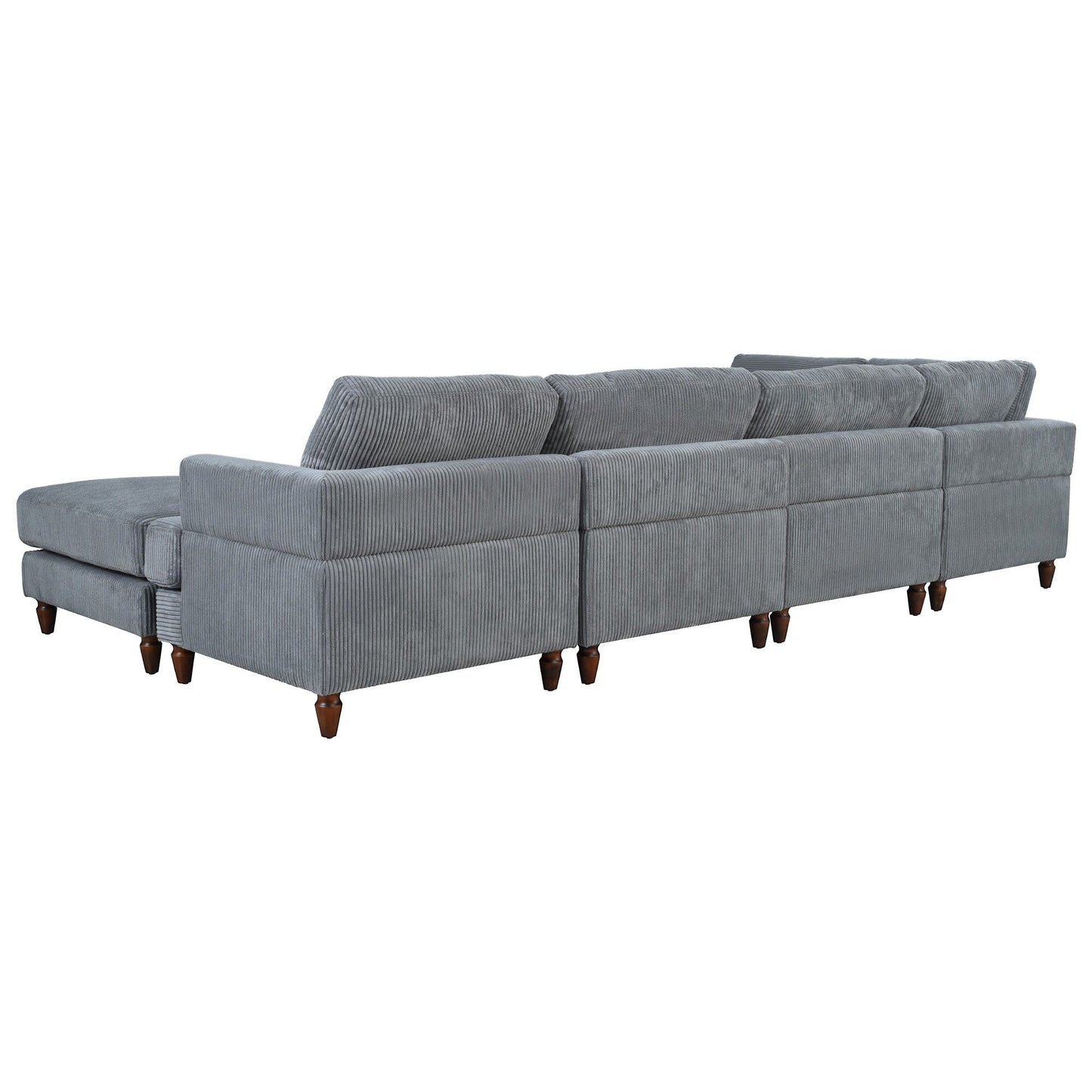 Canapé modulable en velours côtelé 6 places en forme de L avec pouf et pieds en bois pour salon ou bureau