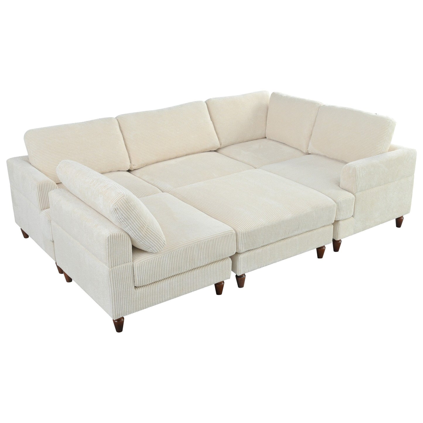 Canapé modulable en velours côtelé 6 places en forme de L avec pouf et pieds en bois pour salon ou bureau