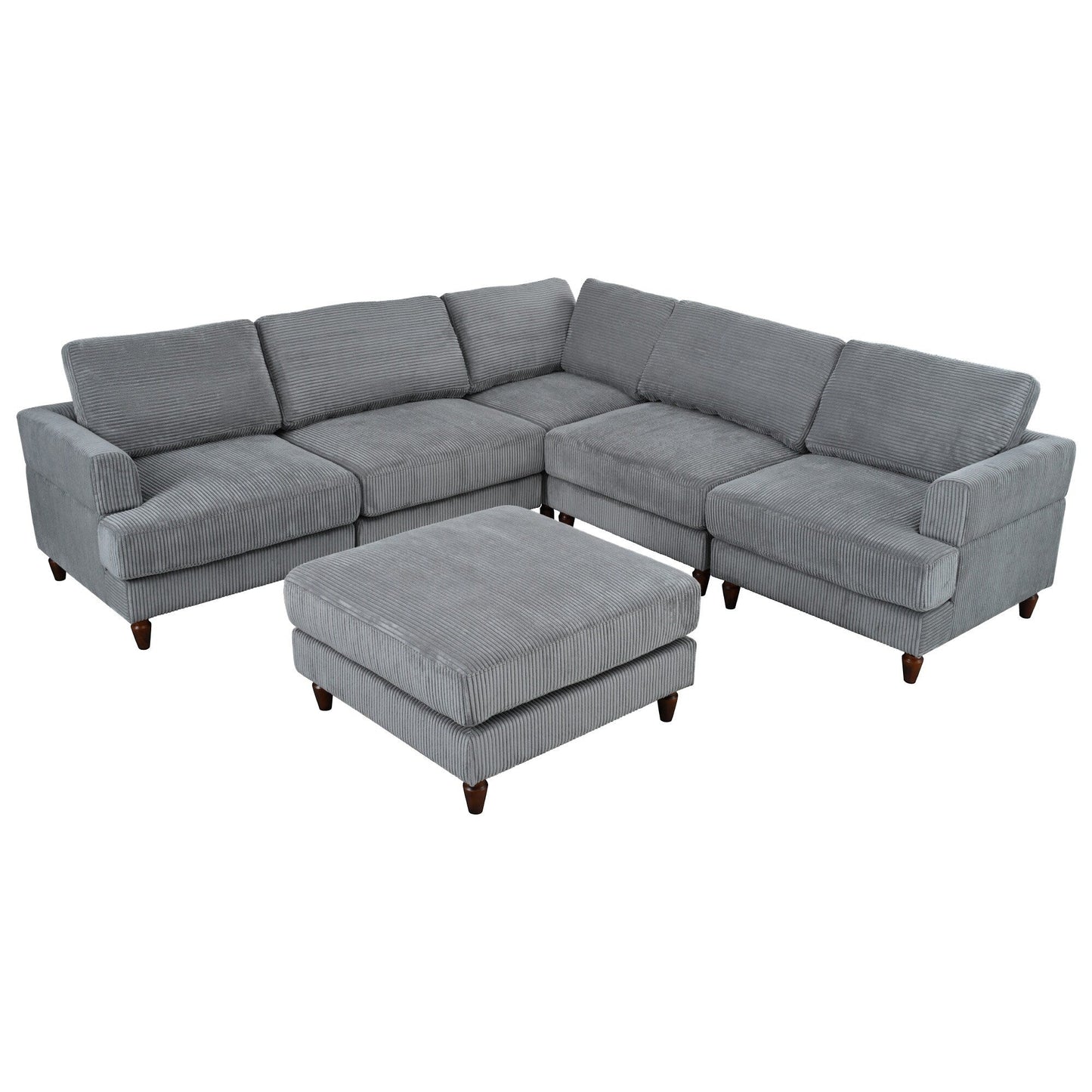 Canapé modulable en velours côtelé 6 places en forme de L avec pouf et pieds en bois pour salon ou bureau