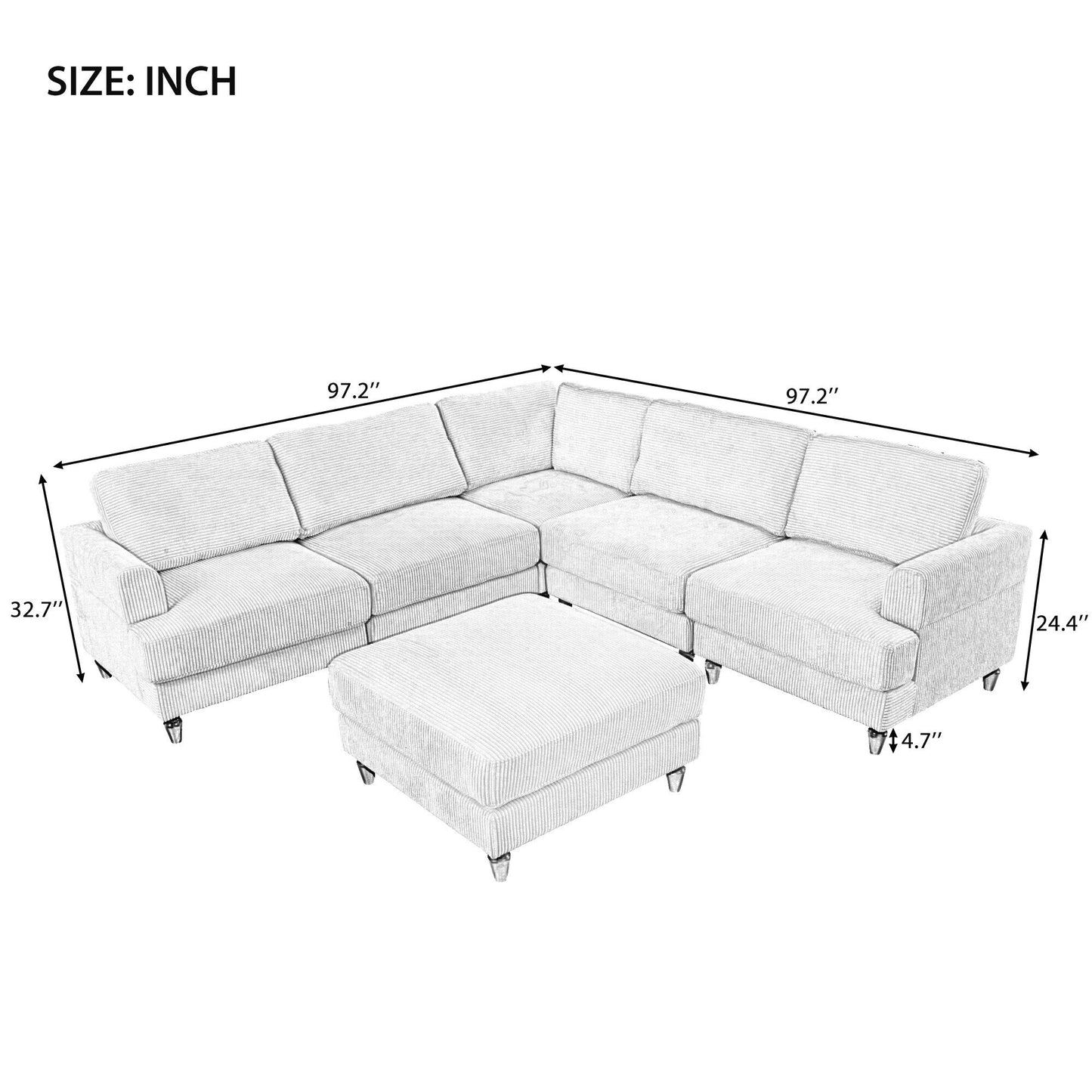 Canapé modulable en velours côtelé 6 places en forme de L avec pouf et pieds en bois pour salon ou bureau