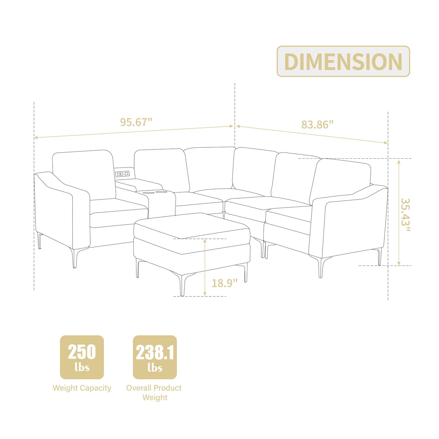 Canapé d'angle modulaire en velours côtelé en forme de L avec ports USB, pouf de rangement et porte-gobelets pour salon d'appartement