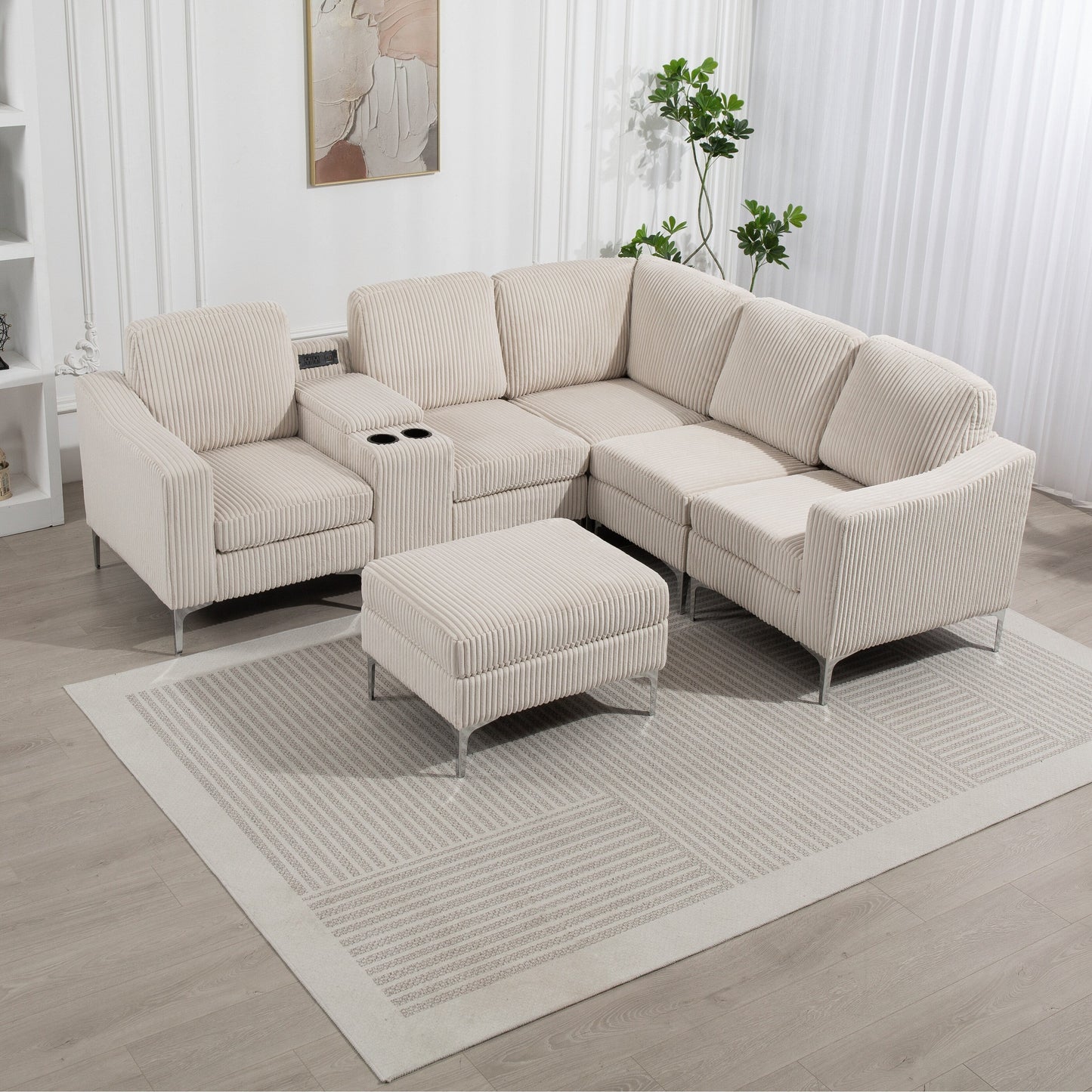 Canapé d'angle modulaire en velours côtelé en forme de L avec ports USB, pouf de rangement et porte-gobelets pour salon d'appartement