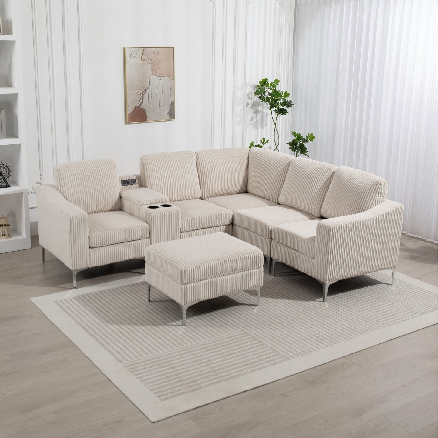 Canapé d'angle modulaire en velours côtelé en forme de L avec ports USB, pouf de rangement et porte-gobelets pour salon d'appartement