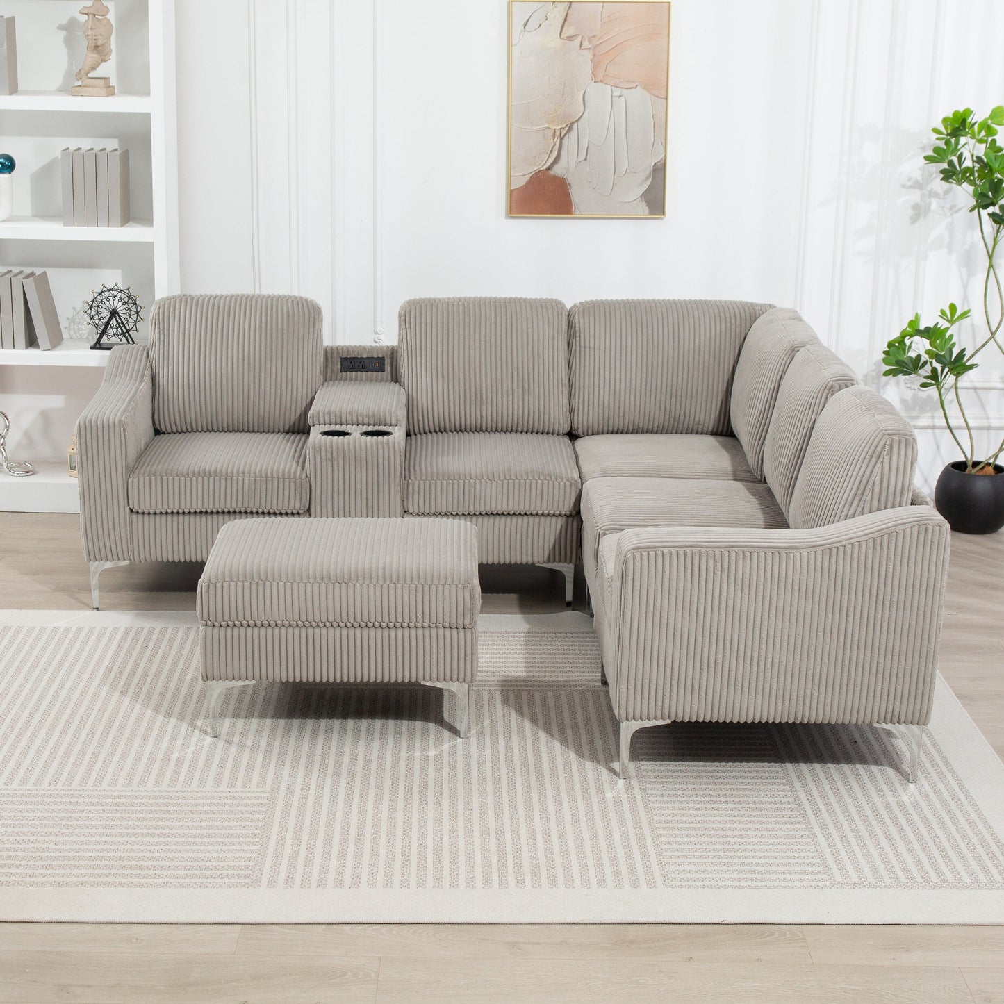 Canapé d'angle modulaire en velours côtelé en forme de L avec ports USB, pouf de rangement et porte-gobelets pour salon d'appartement