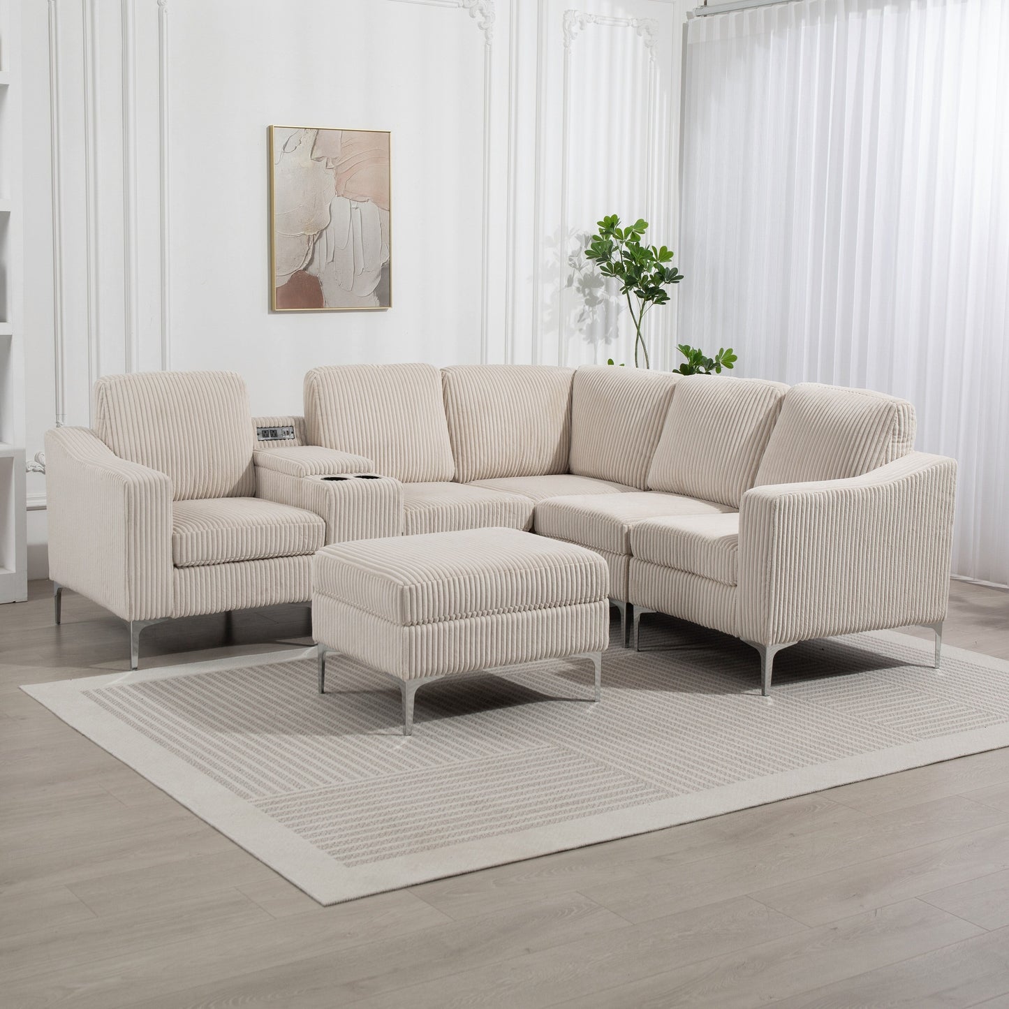 Canapé d'angle modulaire en velours côtelé en forme de L avec ports USB, pouf de rangement et porte-gobelets pour salon d'appartement