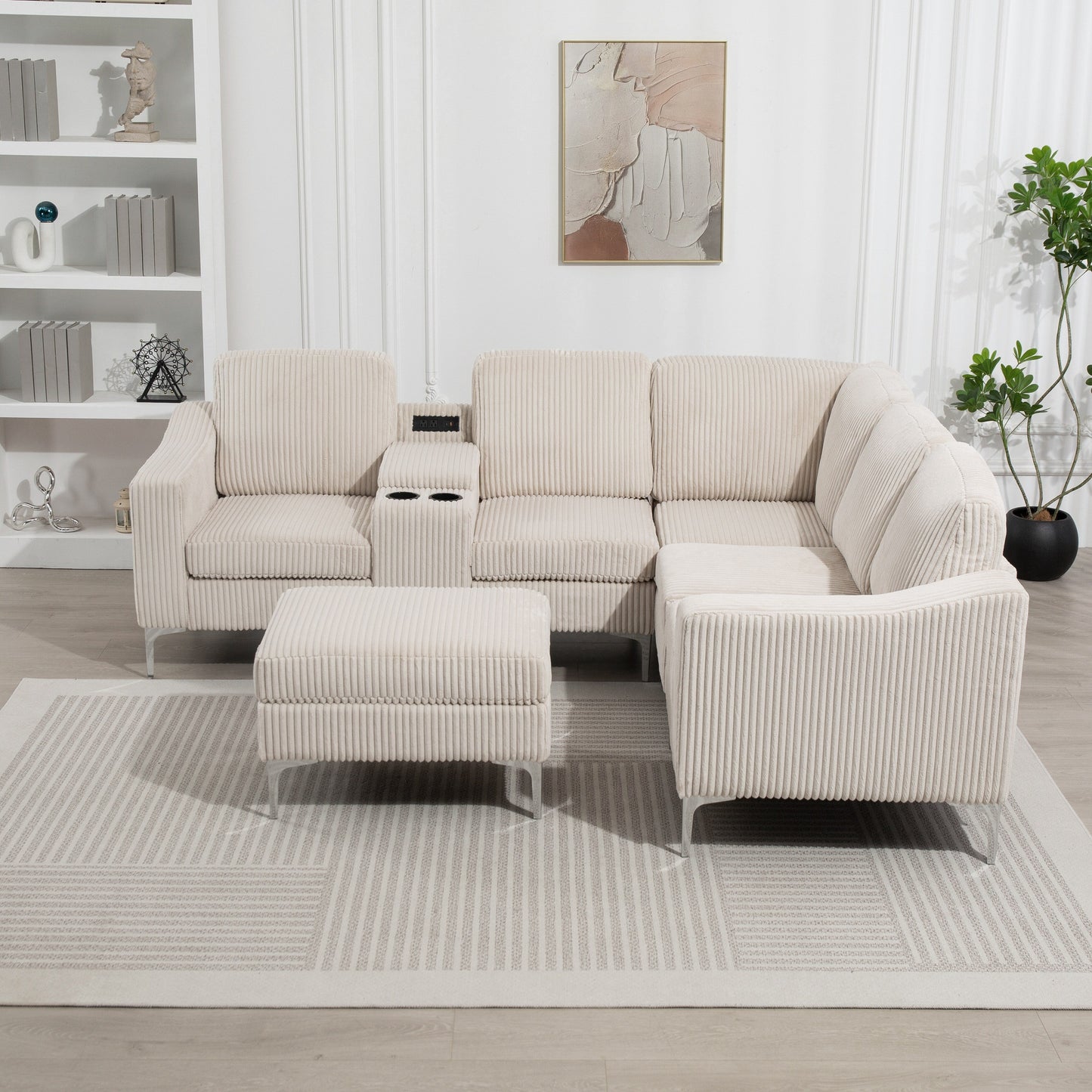 Canapé d'angle modulaire en velours côtelé en forme de L avec ports USB, pouf de rangement et porte-gobelets pour salon d'appartement