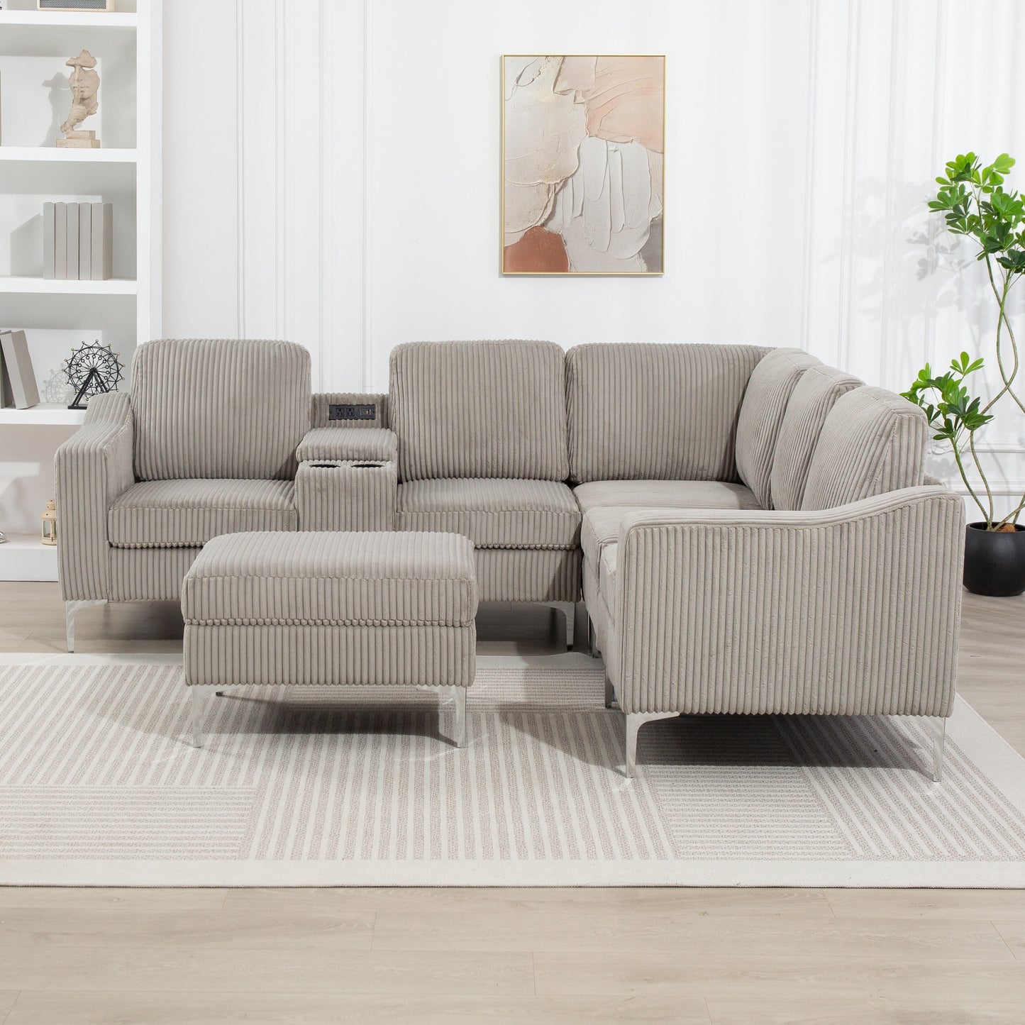 Canapé d'angle modulaire en velours côtelé en forme de L avec ports USB, pouf de rangement et porte-gobelets pour salon d'appartement