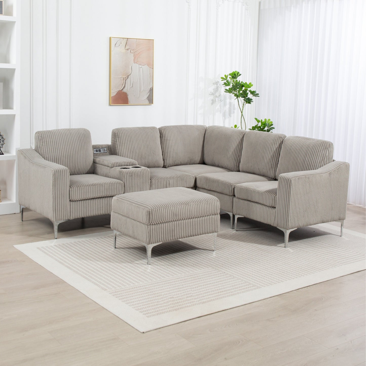 Canapé d'angle modulaire en velours côtelé en forme de L avec ports USB, pouf de rangement et porte-gobelets pour salon d'appartement