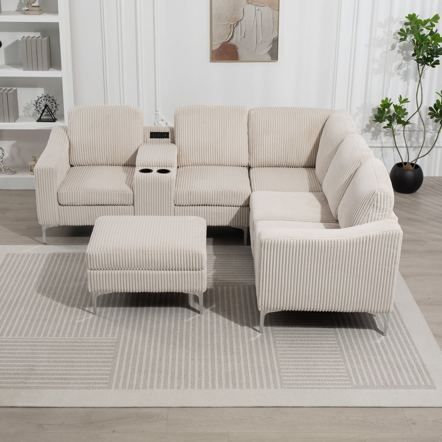 Canapé d'angle modulaire en velours côtelé en forme de L avec ports USB, pouf de rangement et porte-gobelets pour salon d'appartement