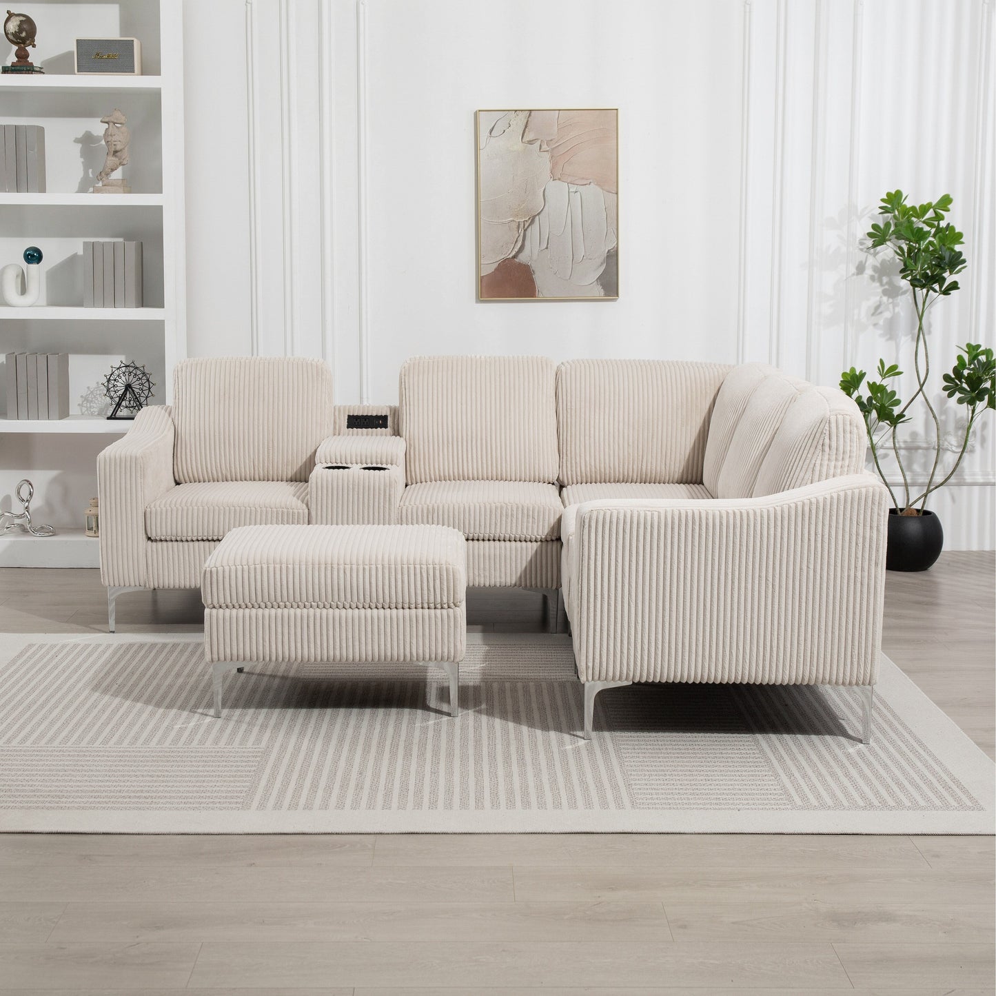 Canapé d'angle modulaire en velours côtelé en forme de L avec ports USB, pouf de rangement et porte-gobelets pour salon d'appartement