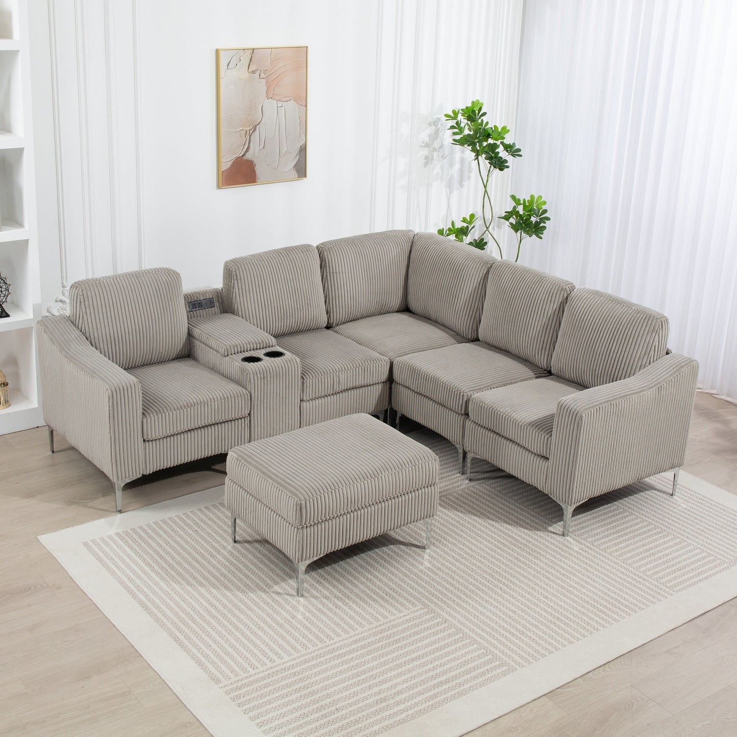 Canapé d'angle modulaire en velours côtelé en forme de L avec ports USB, pouf de rangement et porte-gobelets pour salon d'appartement