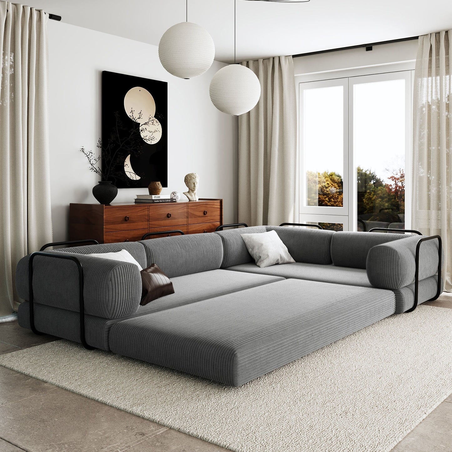 Canapé-lit modulaire en velours côtelé en forme de L, convertible, sectionnel, 4 places, avec coussins compensés, pour salon et appartement