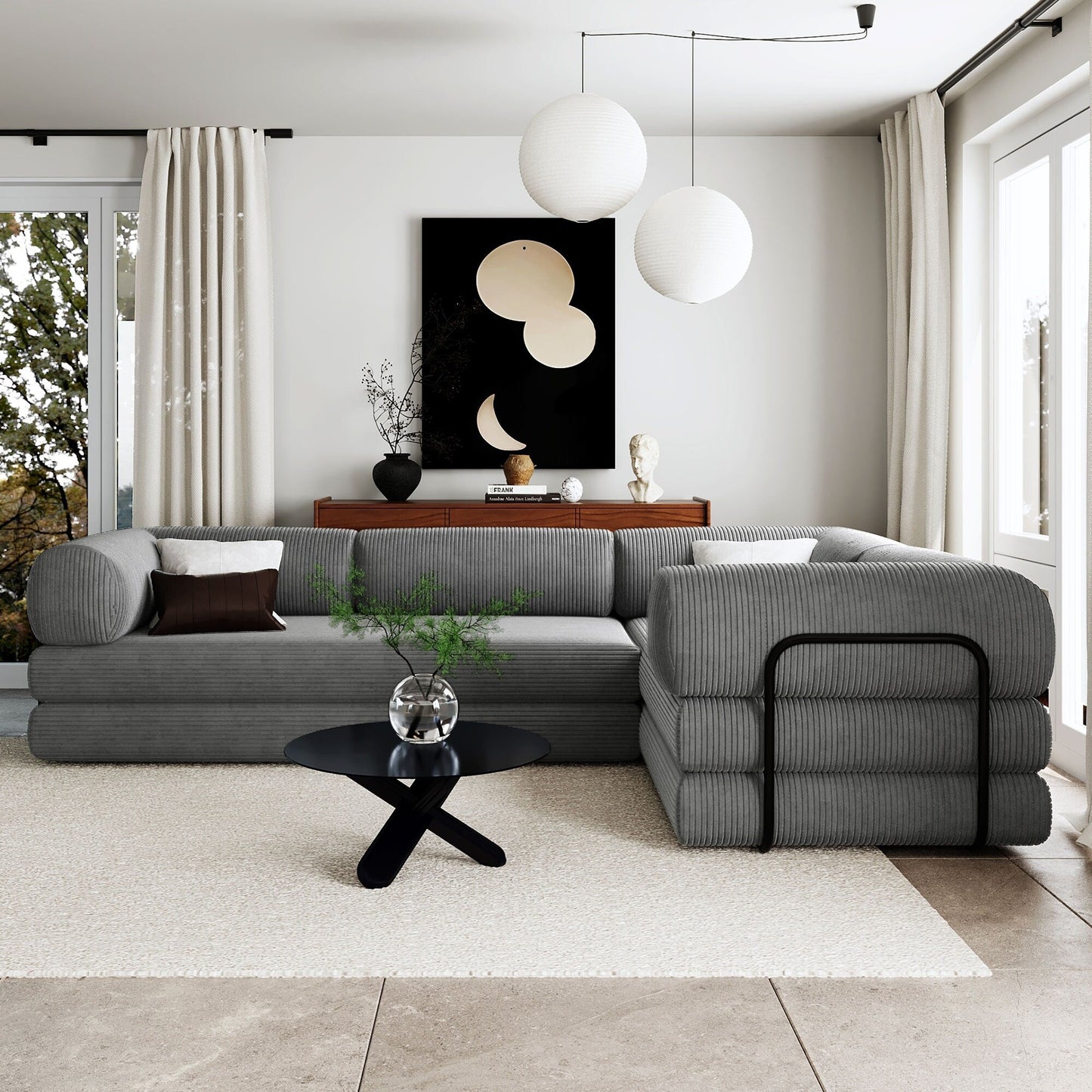 Canapé-lit modulaire en velours côtelé en forme de L, convertible, sectionnel, 4 places, avec coussins compensés, pour salon et appartement