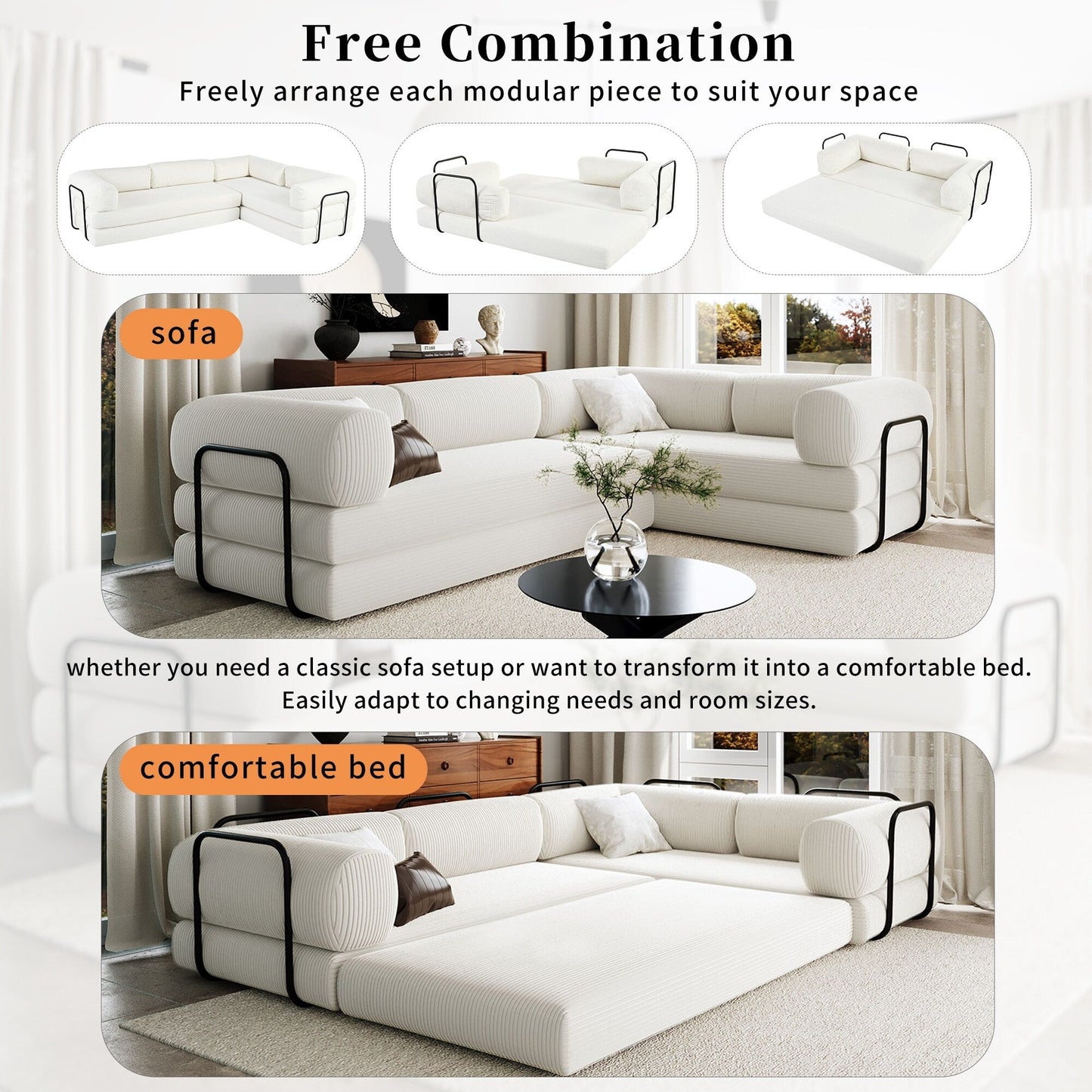 Canapé-lit modulaire en velours côtelé en forme de L, convertible, sectionnel, 4 places, avec coussins compensés, pour salon et appartement