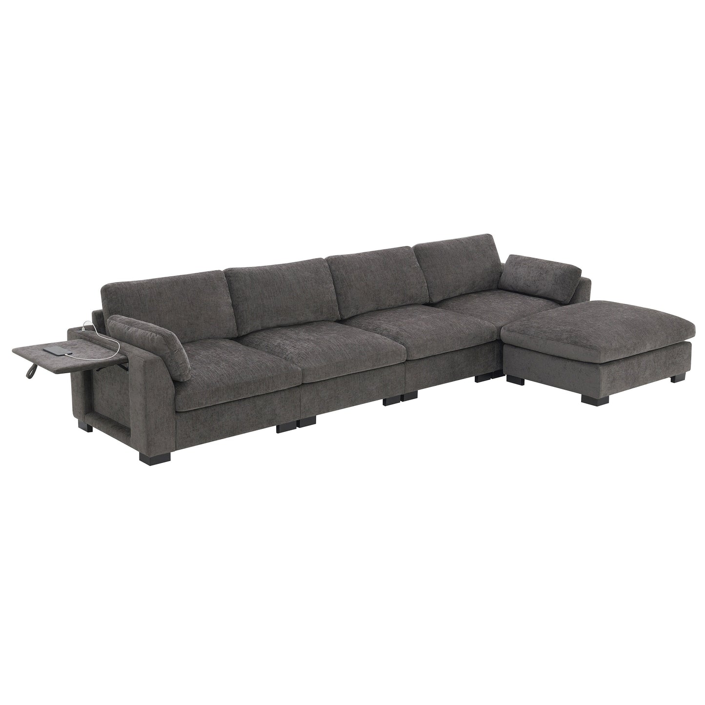 Canapé modulable en L avec table pliable, double port USB, poches de rangement latérales et pouf amovible