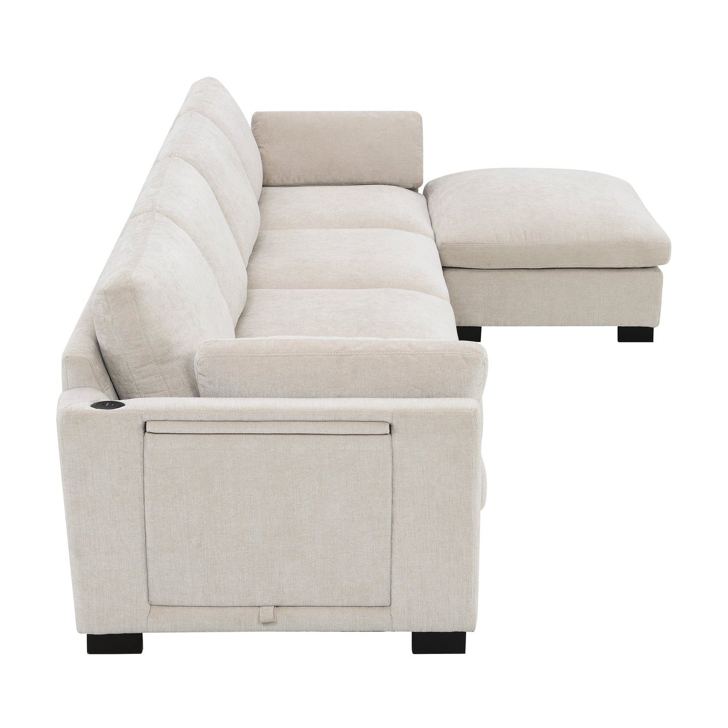 Canapé modulable en L avec table pliable, double port USB, poches de rangement latérales et pouf amovible