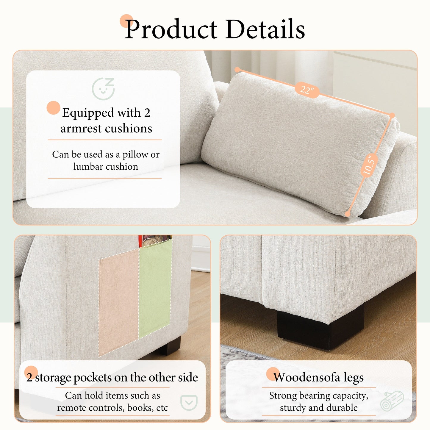 Canapé modulable en L avec table pliable, double port USB, poches de rangement latérales et pouf amovible