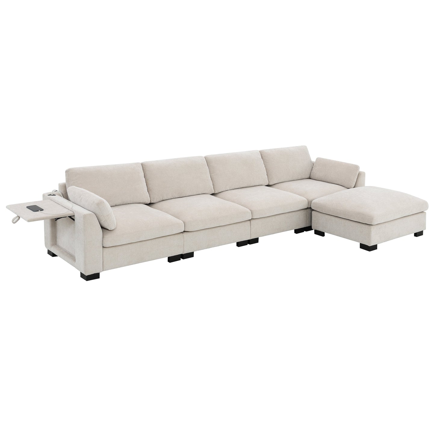 Canapé modulable en L avec table pliable, double port USB, poches de rangement latérales et pouf amovible