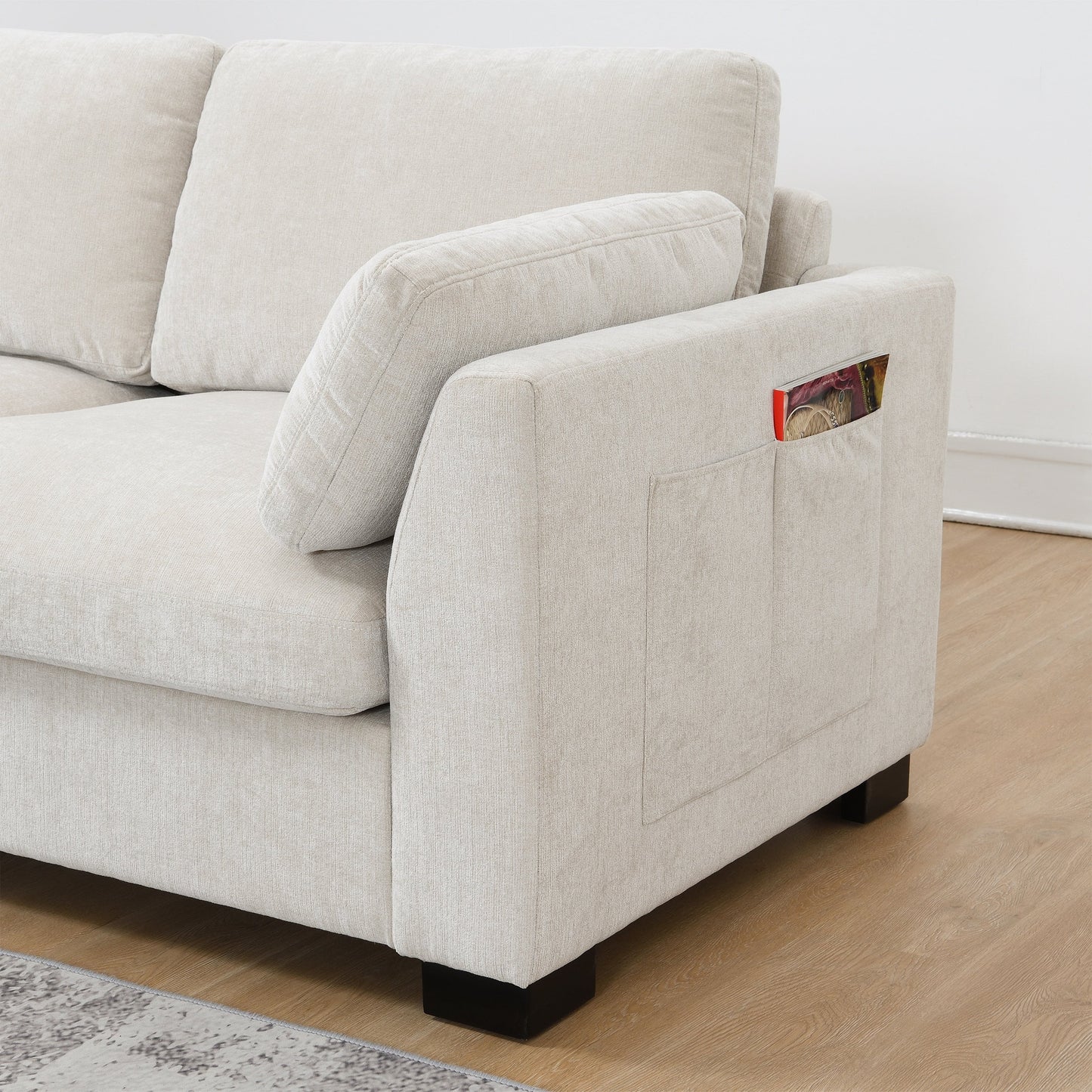 Canapé modulable en L avec table pliable, double port USB, poches de rangement latérales et pouf amovible