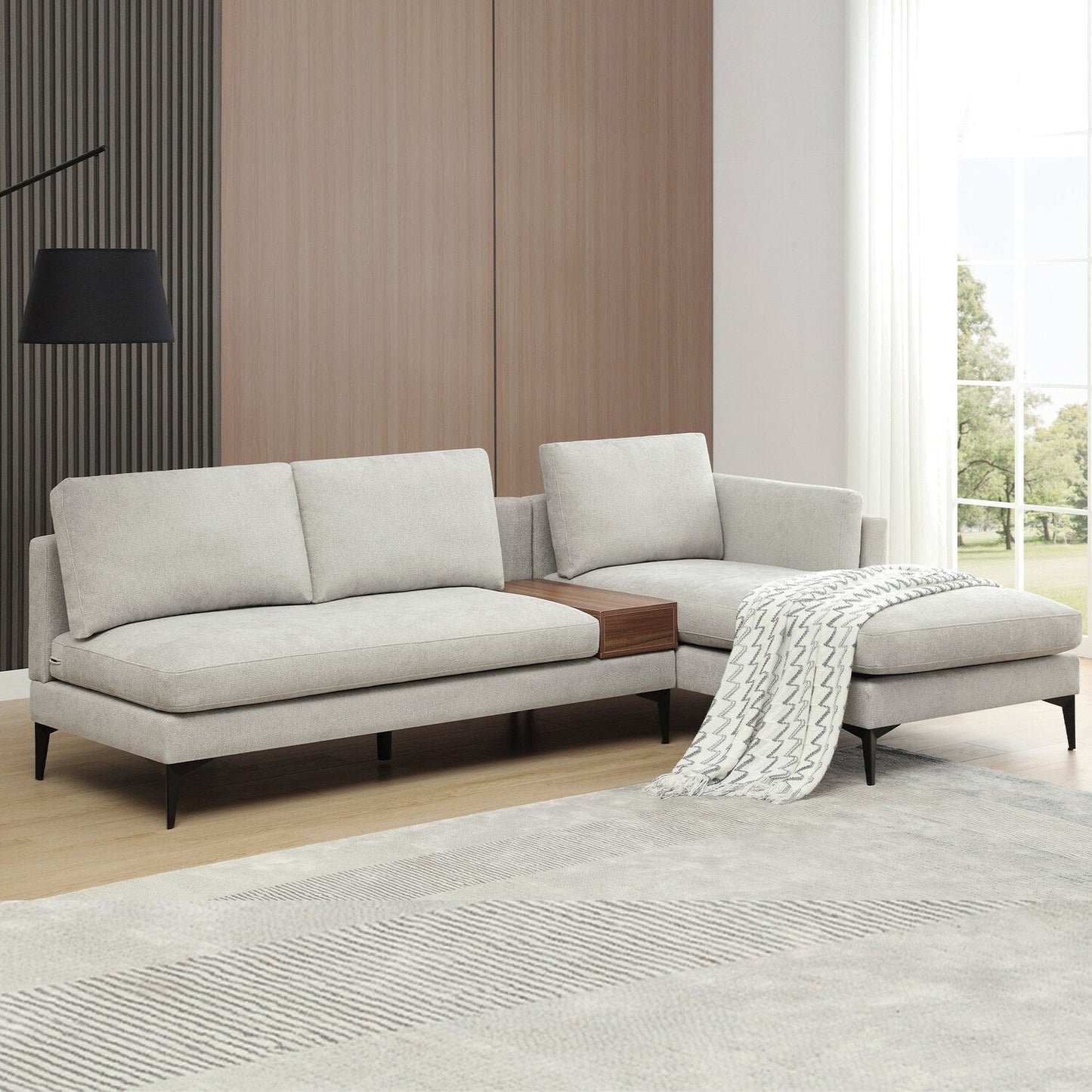 Canapé modulable en L avec un design réversible et un coffre décoratif en bois intégré