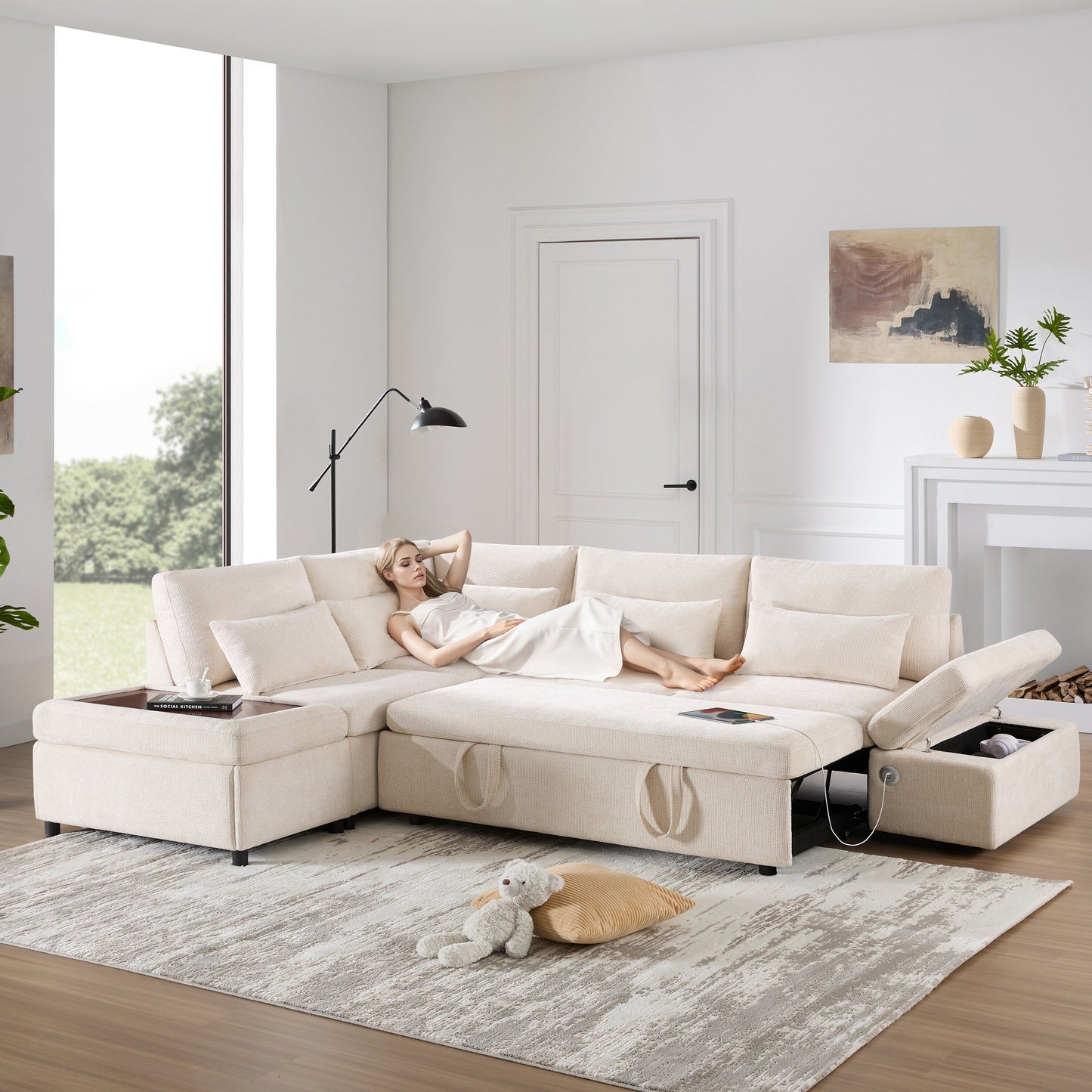 Canapé-lit sectionnel modulaire avec accoudoir de chargement réglable et pouf de rangement pour salon et appartement