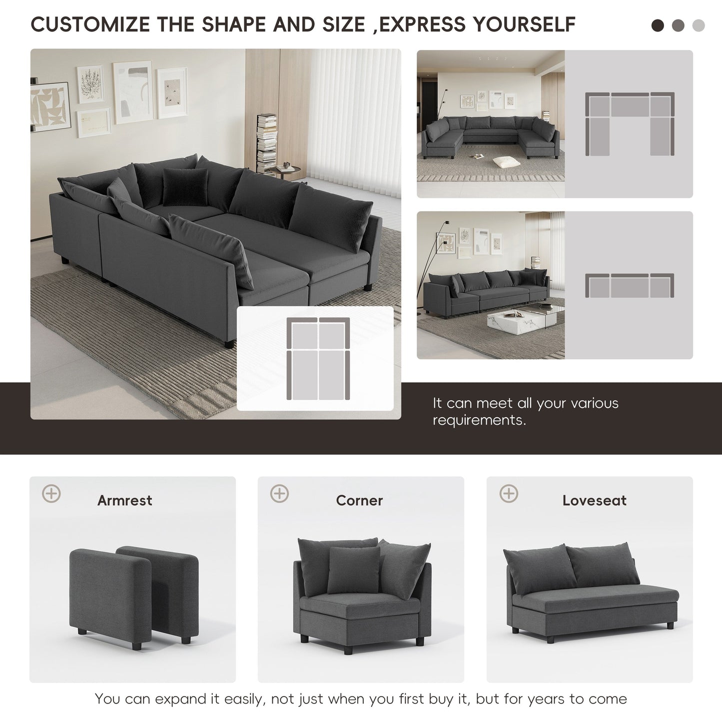 Canapé-lit sectionnel modulaire, ensemble de canapés en chenille avec oreillers, combinaison libre, canapé convertible