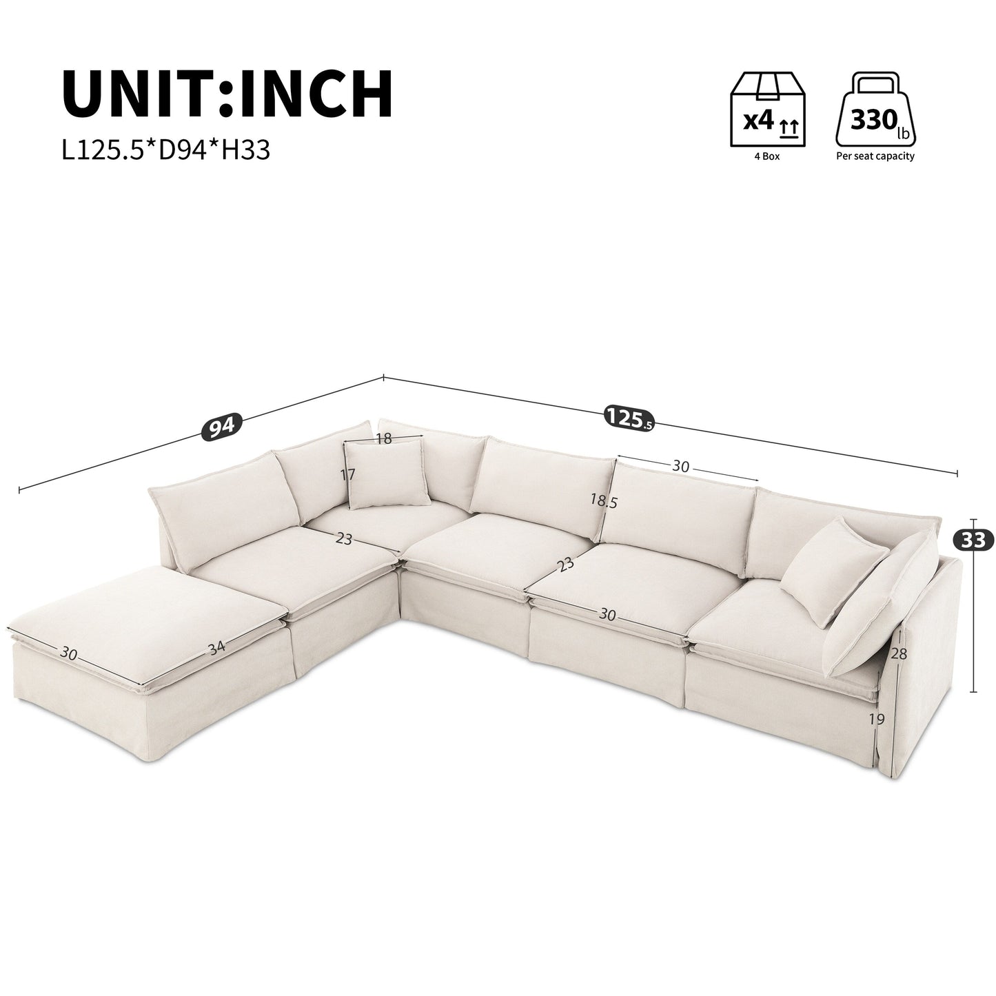 Canapé sectionnel modulaire avec pouf amovible, meuble d'intérieur rembourré en L, assise large, combinaison libre, canapé en chenille