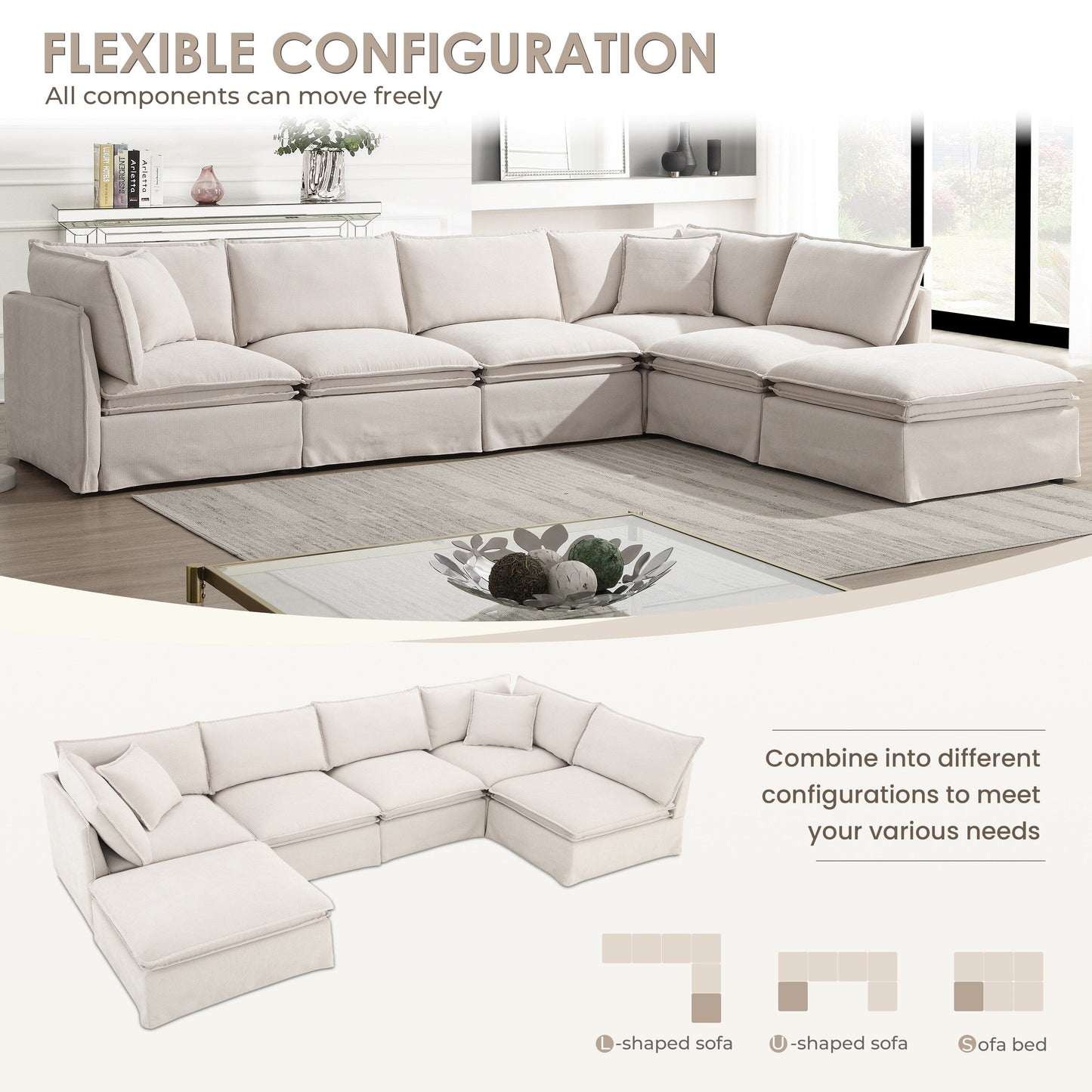 Canapé sectionnel modulaire avec pouf amovible, meuble d'intérieur rembourré en L, assise large, combinaison libre, canapé en chenille