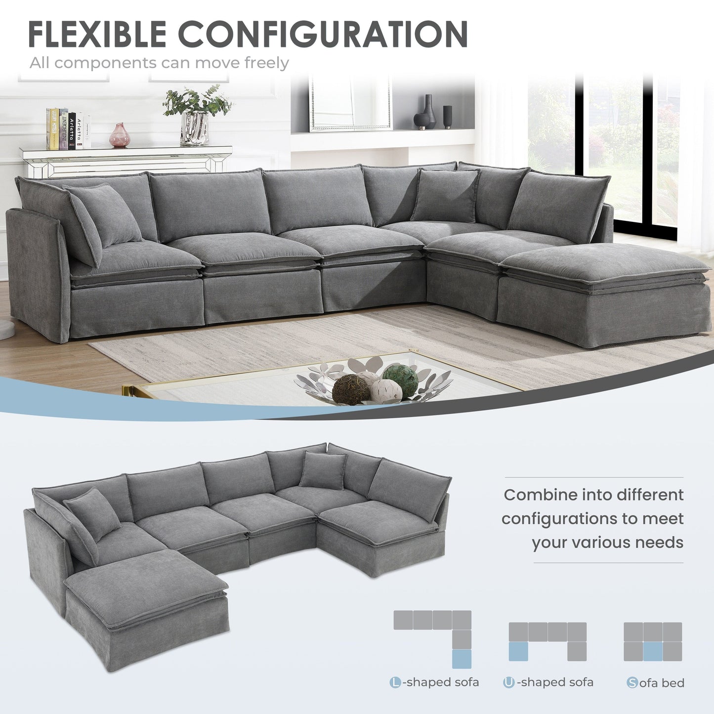 Canapé sectionnel modulaire avec pouf amovible, meuble d'intérieur rembourré en L, assise large, combinaison libre, canapé en chenille