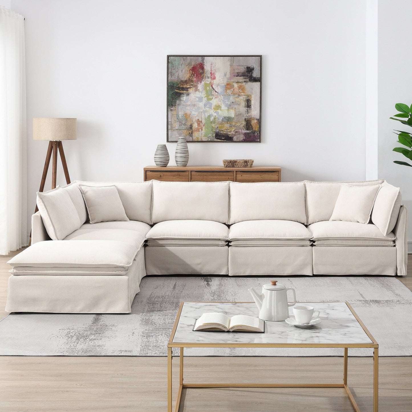 Canapé sectionnel modulaire avec pouf amovible, meuble d'intérieur rembourré en L, assise large, combinaison libre, canapé en chenille