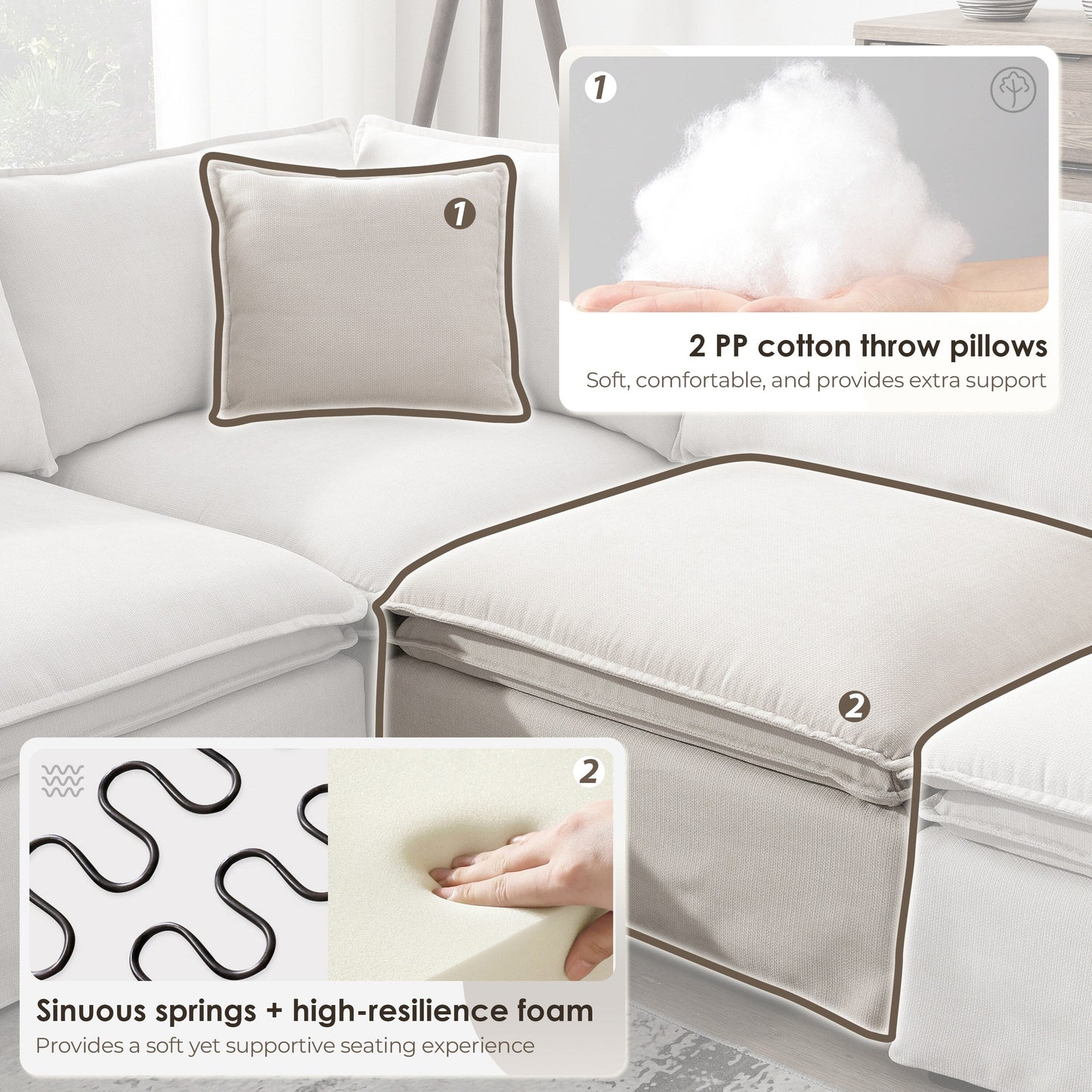 Canapé sectionnel modulaire avec pouf amovible, meuble d'intérieur rembourré en L, assise large, combinaison libre, canapé en chenille