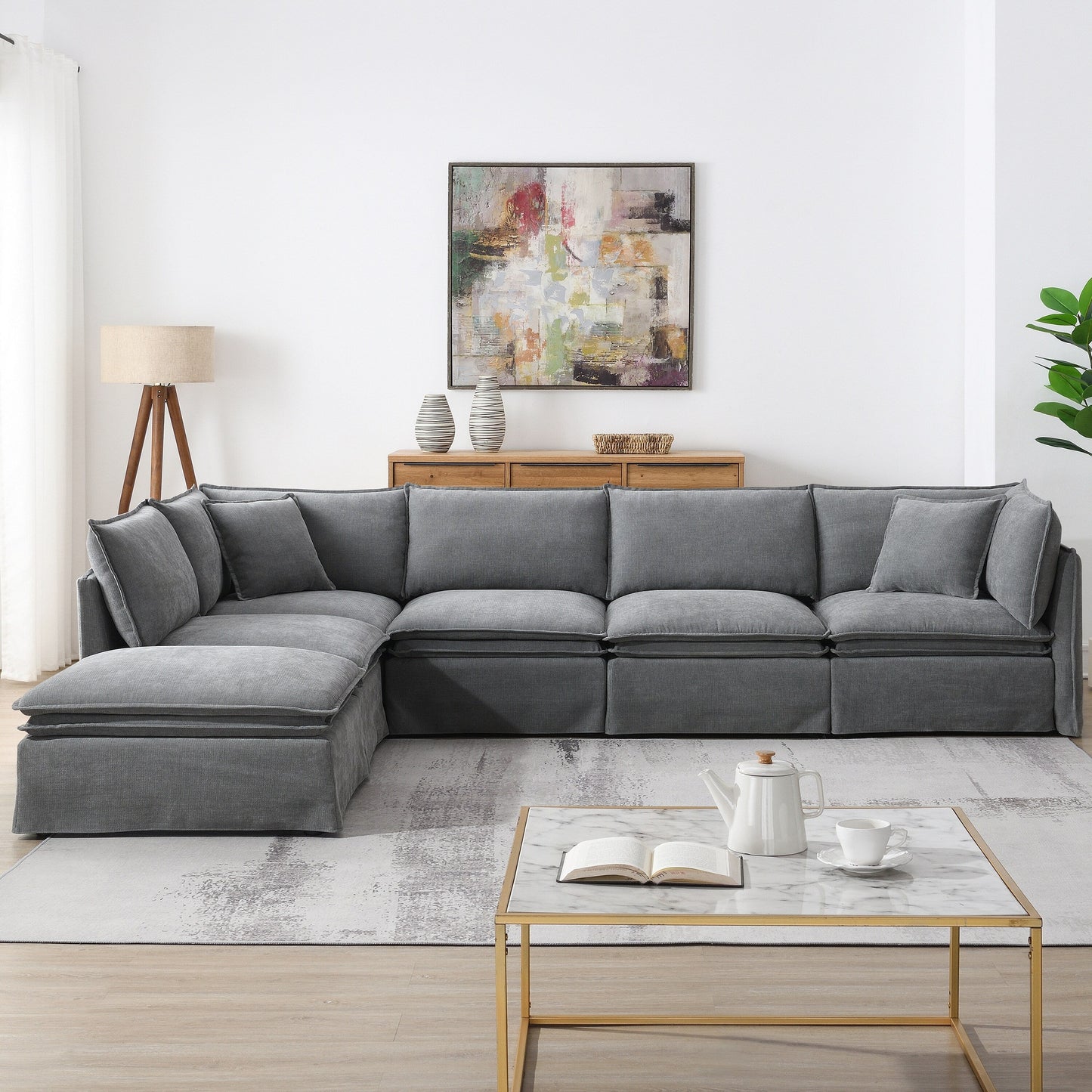 Canapé sectionnel modulaire avec pouf amovible, meuble d'intérieur rembourré en L, assise large, combinaison libre, canapé en chenille