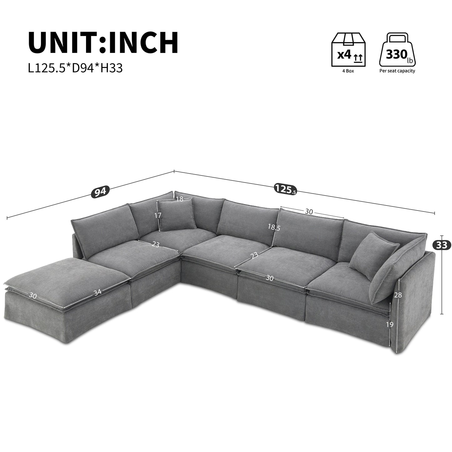 Canapé sectionnel modulaire avec pouf amovible, meuble d'intérieur rembourré en L, assise large, combinaison libre, canapé en chenille
