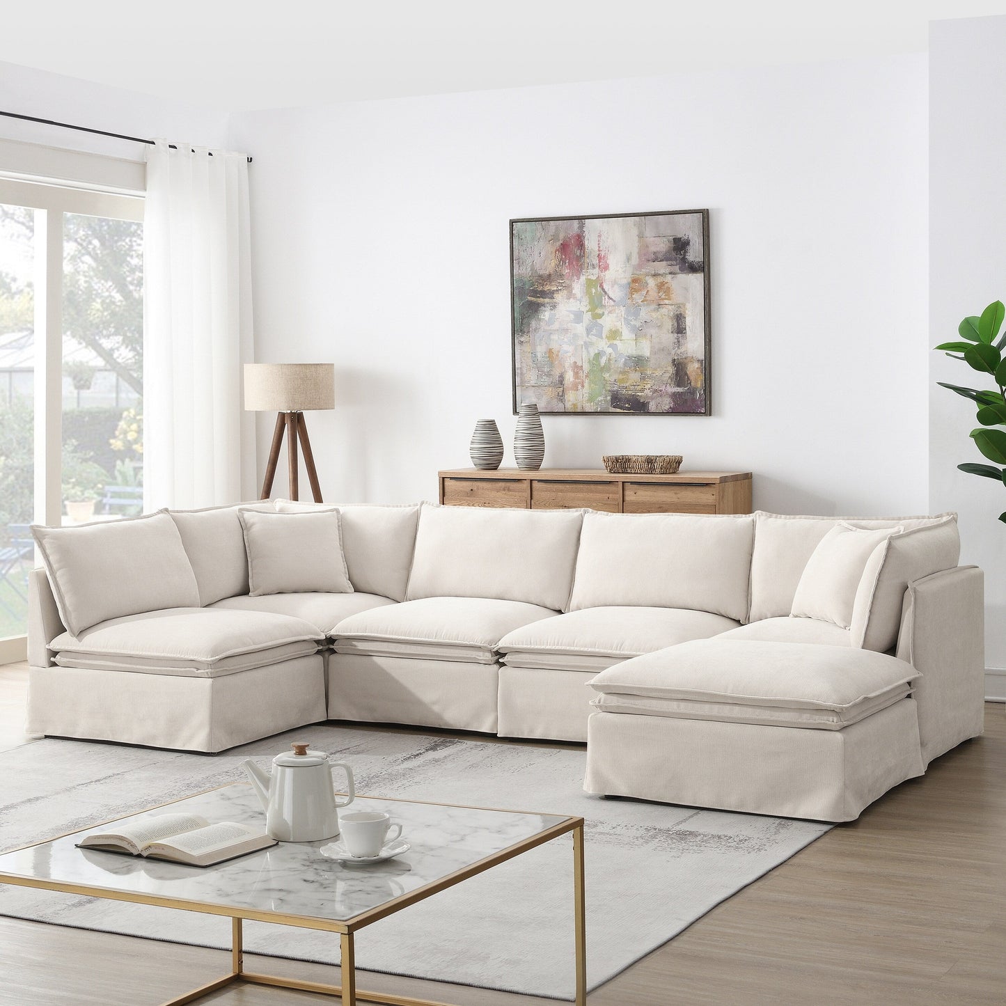 Canapé sectionnel modulaire avec pouf amovible, meuble d'intérieur rembourré en L, assise large, combinaison libre, canapé en chenille