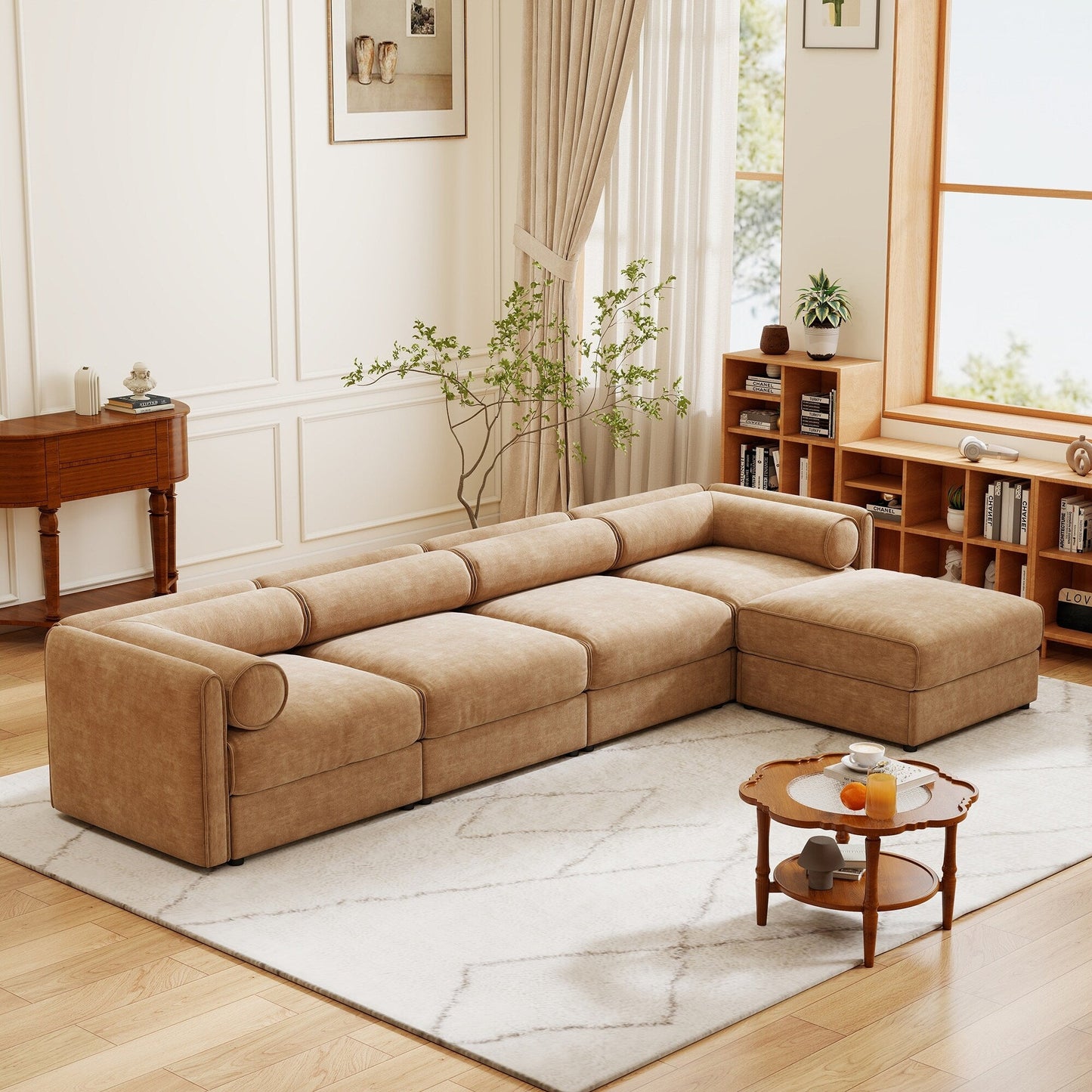 Canapé sectionnel modulaire avec rangement, dossier cylindrique et accoudoirs, assise profonde et confortable, canapé 4 places en forme de L