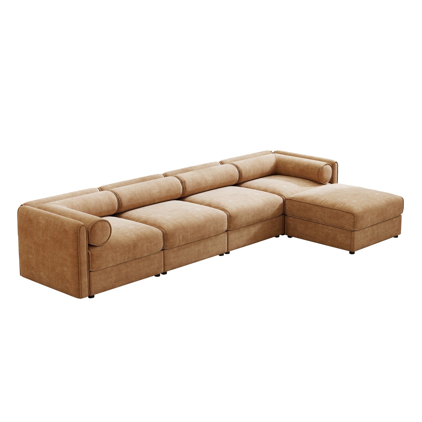 Canapé sectionnel modulaire avec rangement, dossier cylindrique et accoudoirs, assise profonde et confortable, canapé 4 places en forme de L