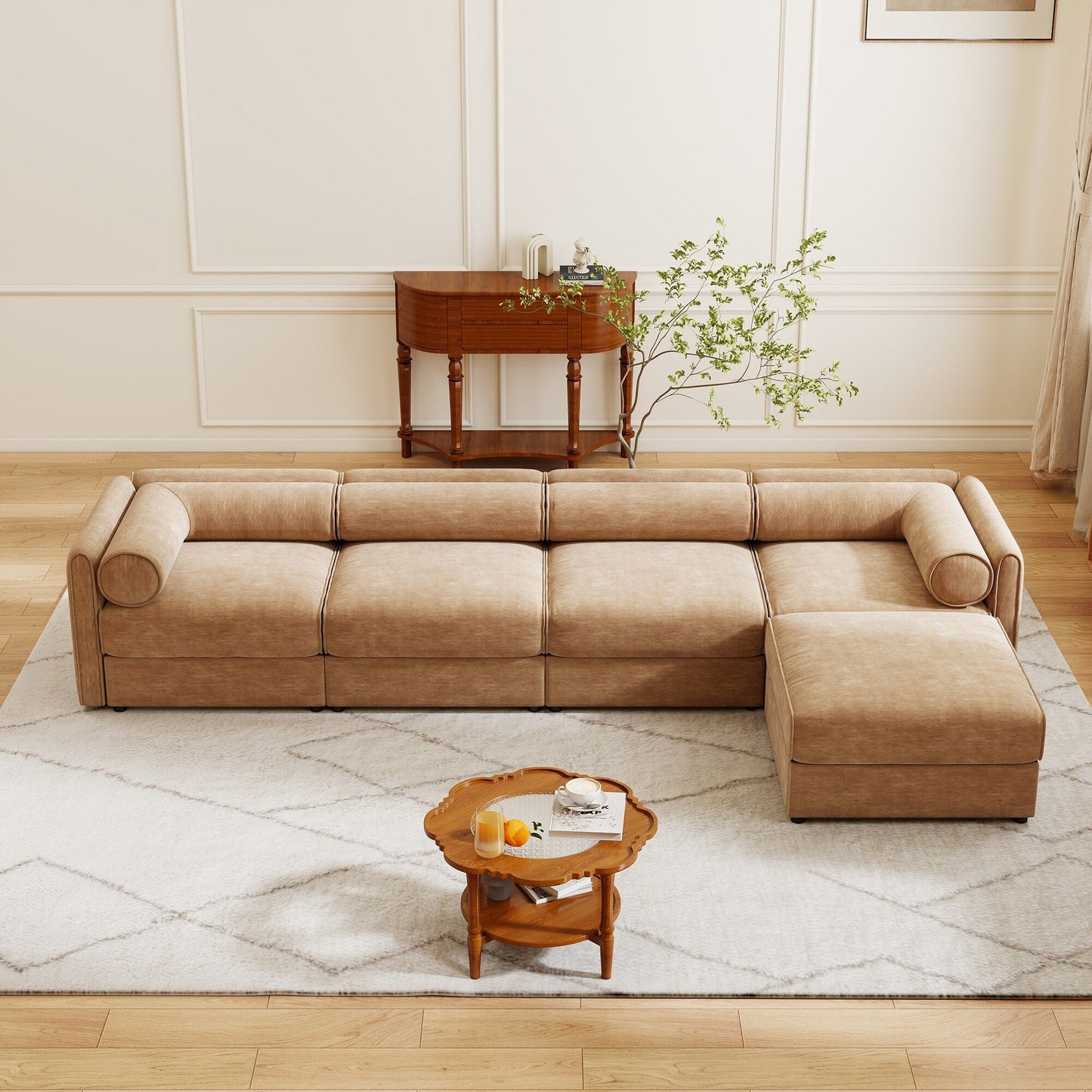 Canapé sectionnel modulaire avec rangement, dossier cylindrique et accoudoirs, assise profonde et confortable, canapé 4 places en forme de L