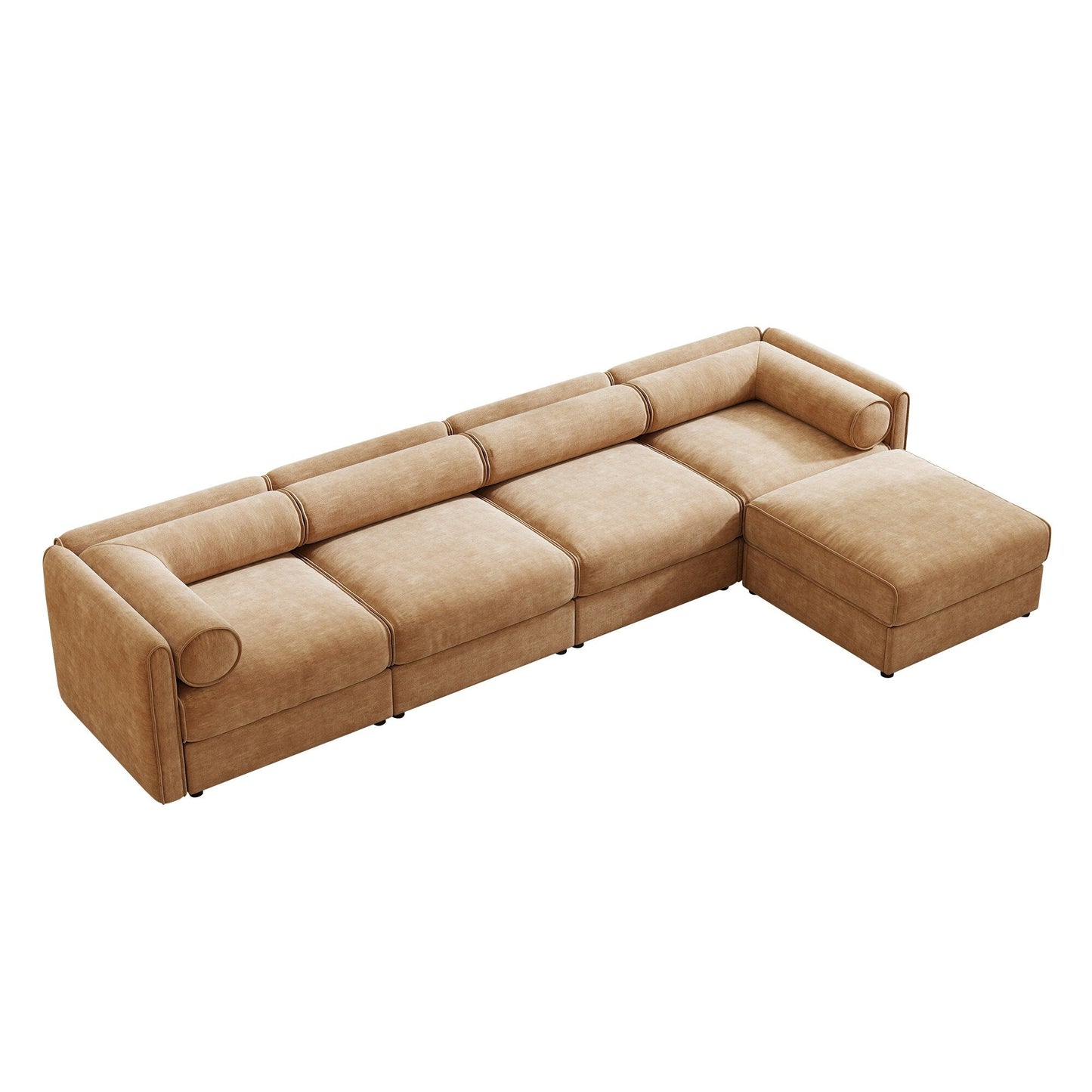 Canapé sectionnel modulaire avec rangement, dossier cylindrique et accoudoirs, assise profonde et confortable, canapé 4 places en forme de L
