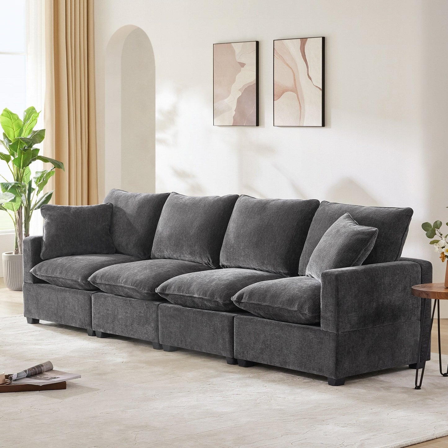 Canapé modulable, ensemble de canapés sectionnels 4 places en chenille avec 2 coussins inclus, à combiner librement