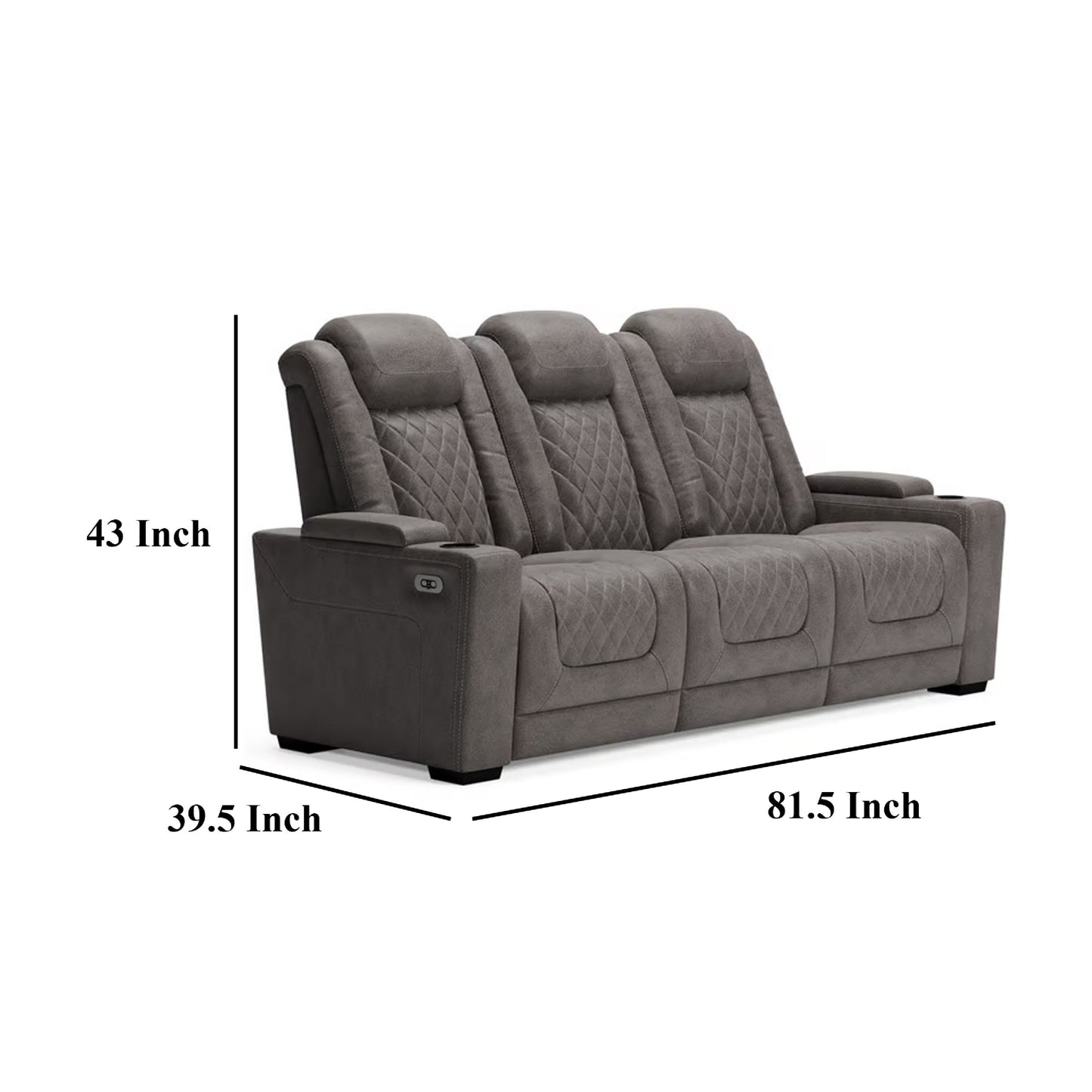 Canapé inclinable électrique Montt, port USB, similicuir gris mat, 82 pouces