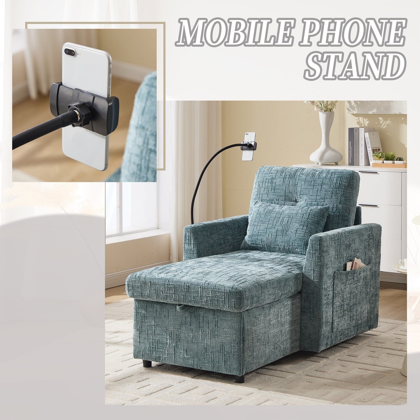 Canapé inclinable multifonctionnel pour personne paresseuse, dossier de rangement avec support pour téléphone portable, chaise de loisirs simple en chenille