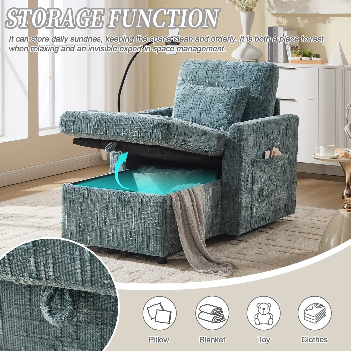 Canapé inclinable multifonctionnel pour personne paresseuse, dossier de rangement avec support pour téléphone portable, chaise de loisirs simple en chenille